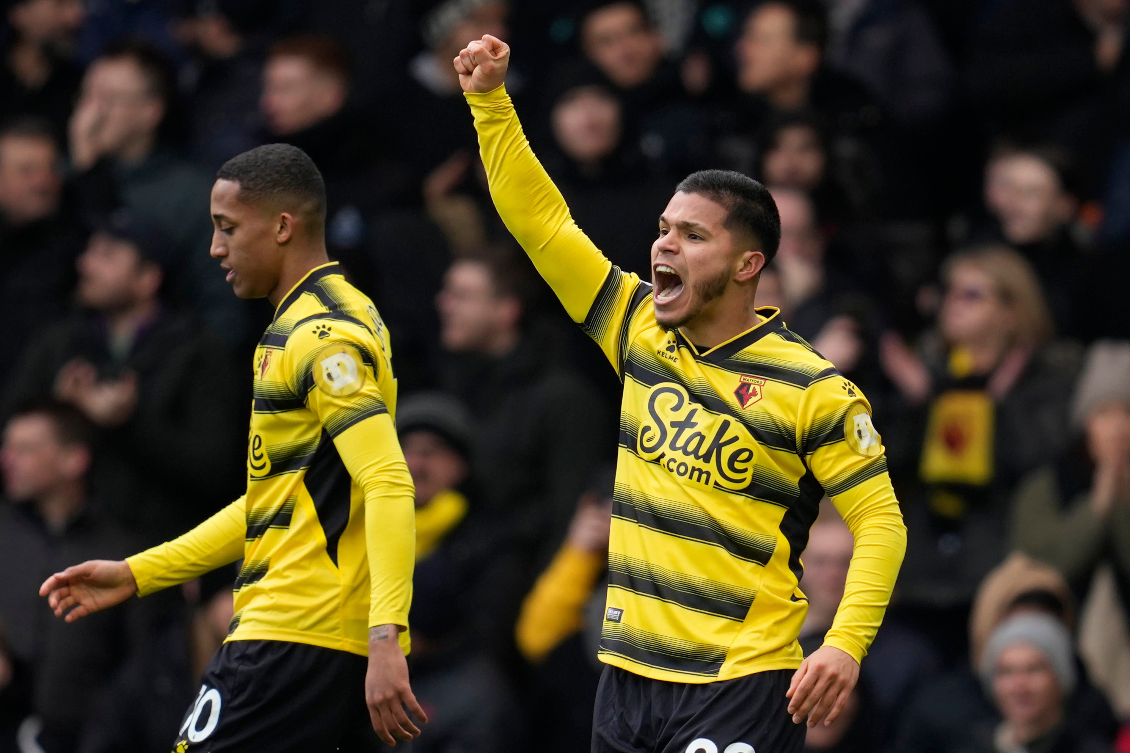 Cucho Hernandez celebrates after bringing Watford level