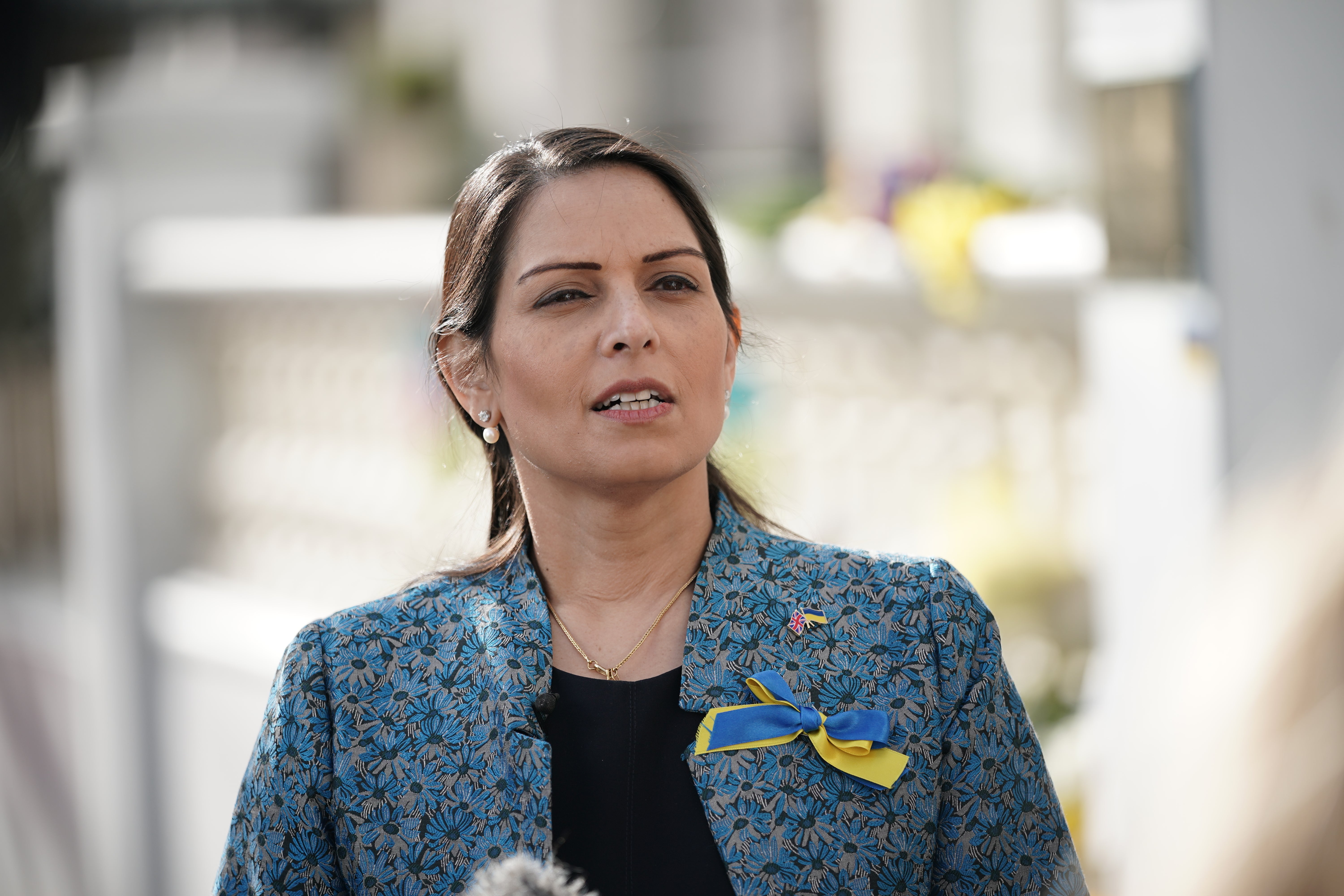 Home Secretary Priti Patel speaking to the media outside the Ukrainian embassy in London (Yui Mok/PA)