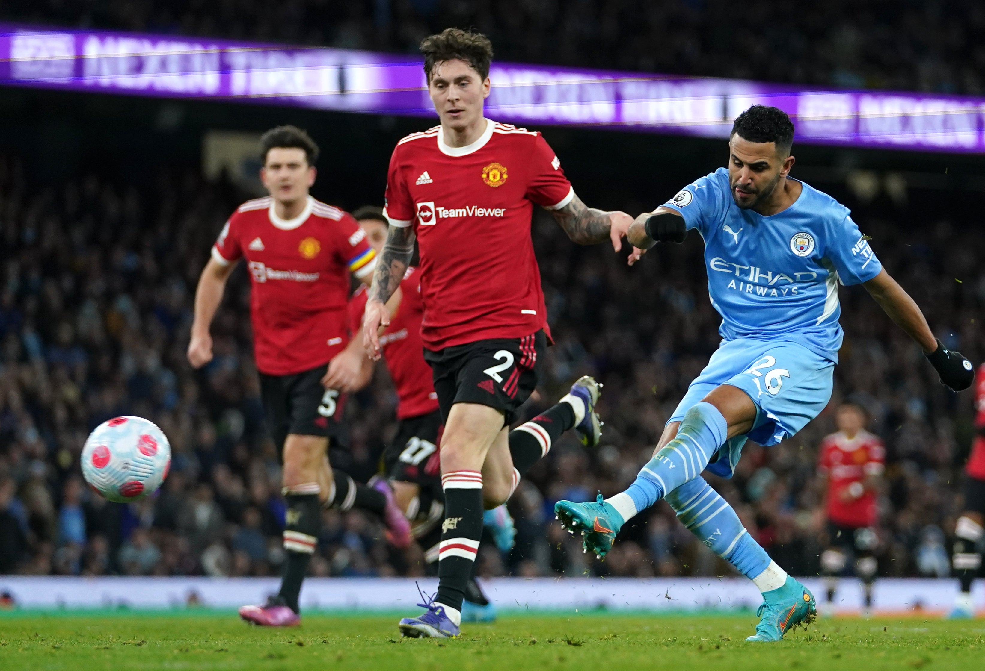 Riyad Mahrez (right) scored twice as Manchester United were swept aside at the Etihad Stadium (Martin Rickett/PA)