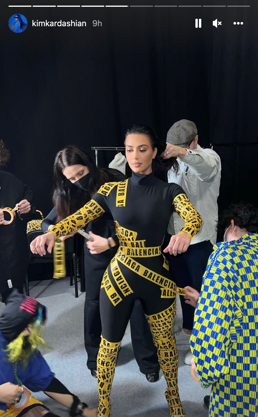 A picture shared to Kim Kardashian’s Instagram Stories of her getting ready for the Balenciaga show