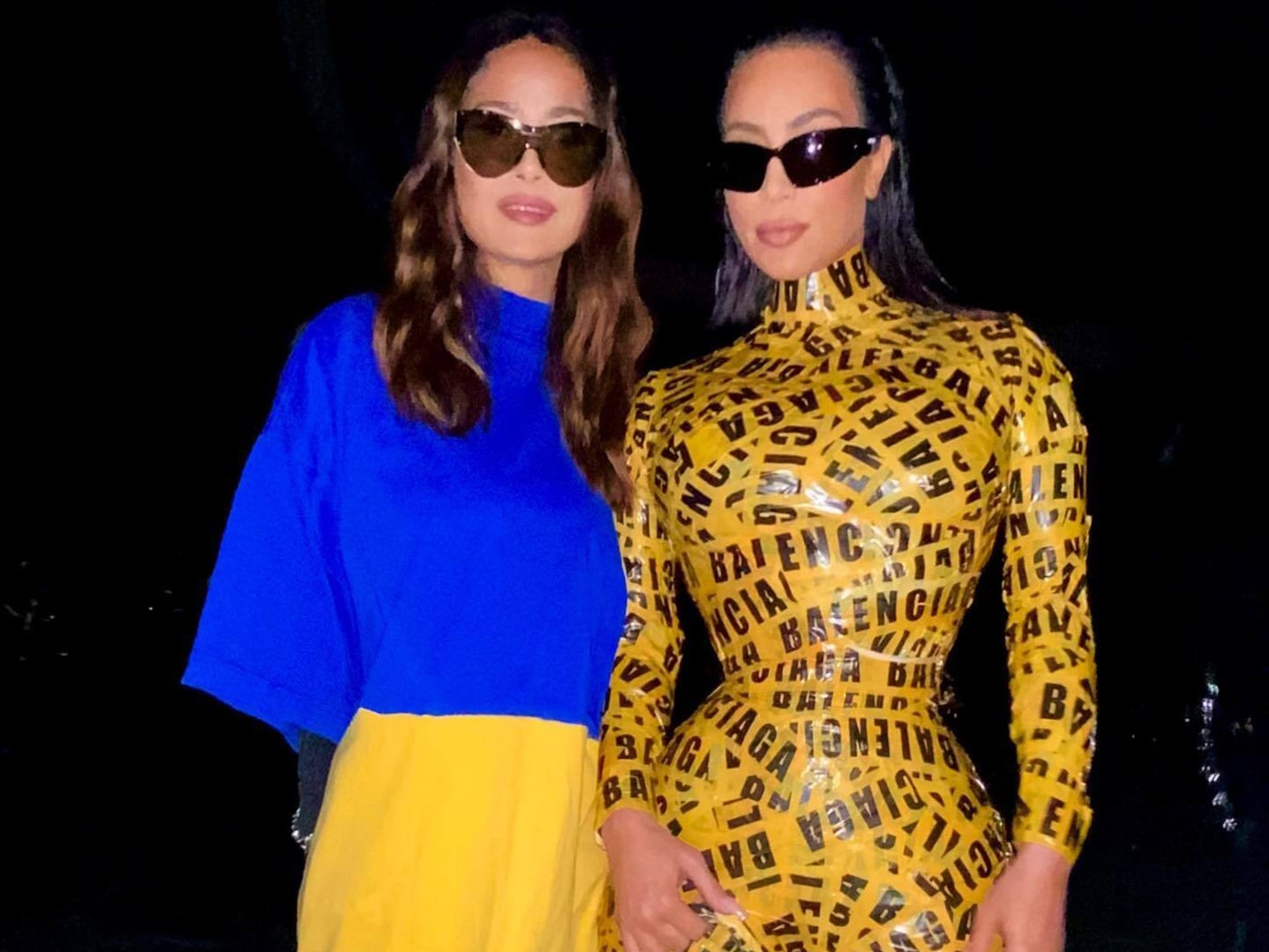 Kim Kardashian and Salma Hayek at the Balenciaga show at Paris Fashion Week