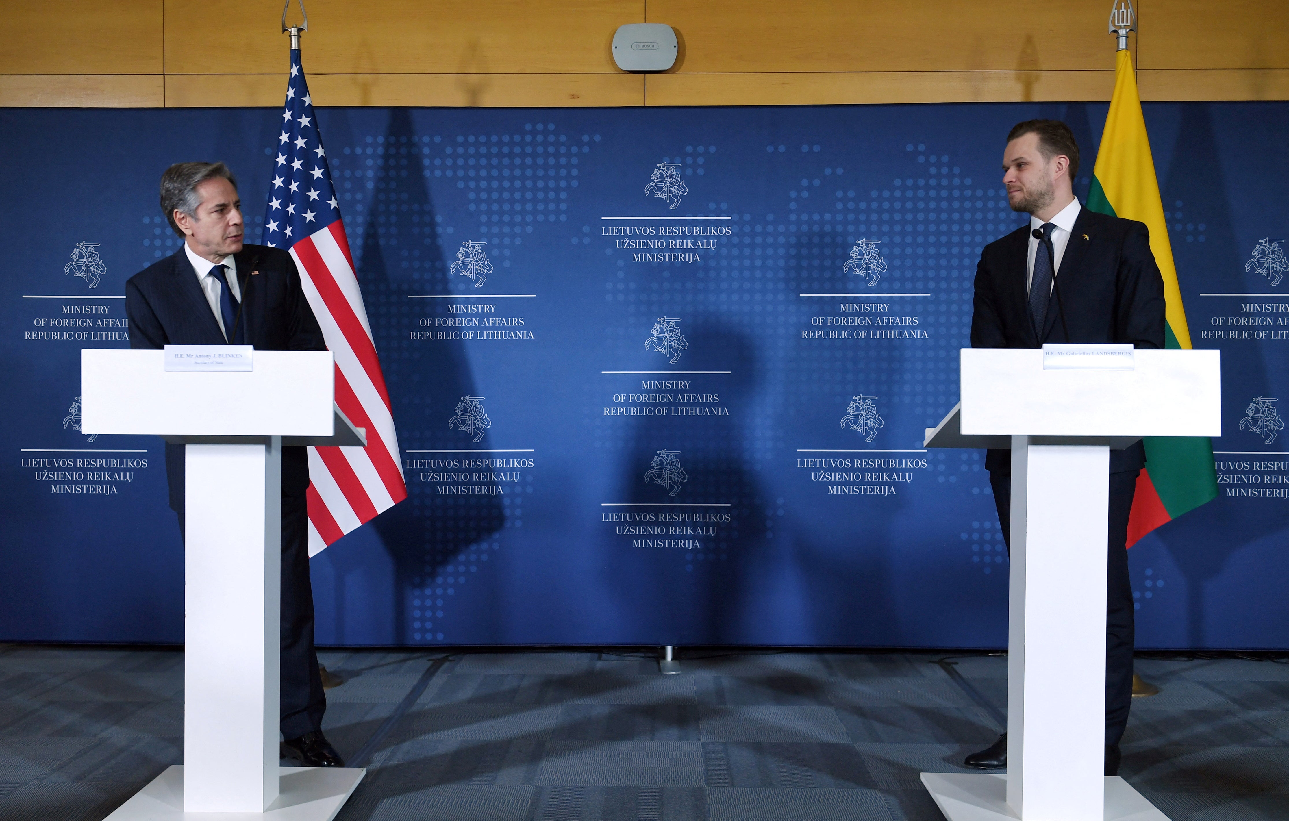 Lithuanian Foreign Minister Gabrielus Landsbergis and U.S. Secretary of State Antony Blinken hold a joint news conference in Vilnius, Lithuania.