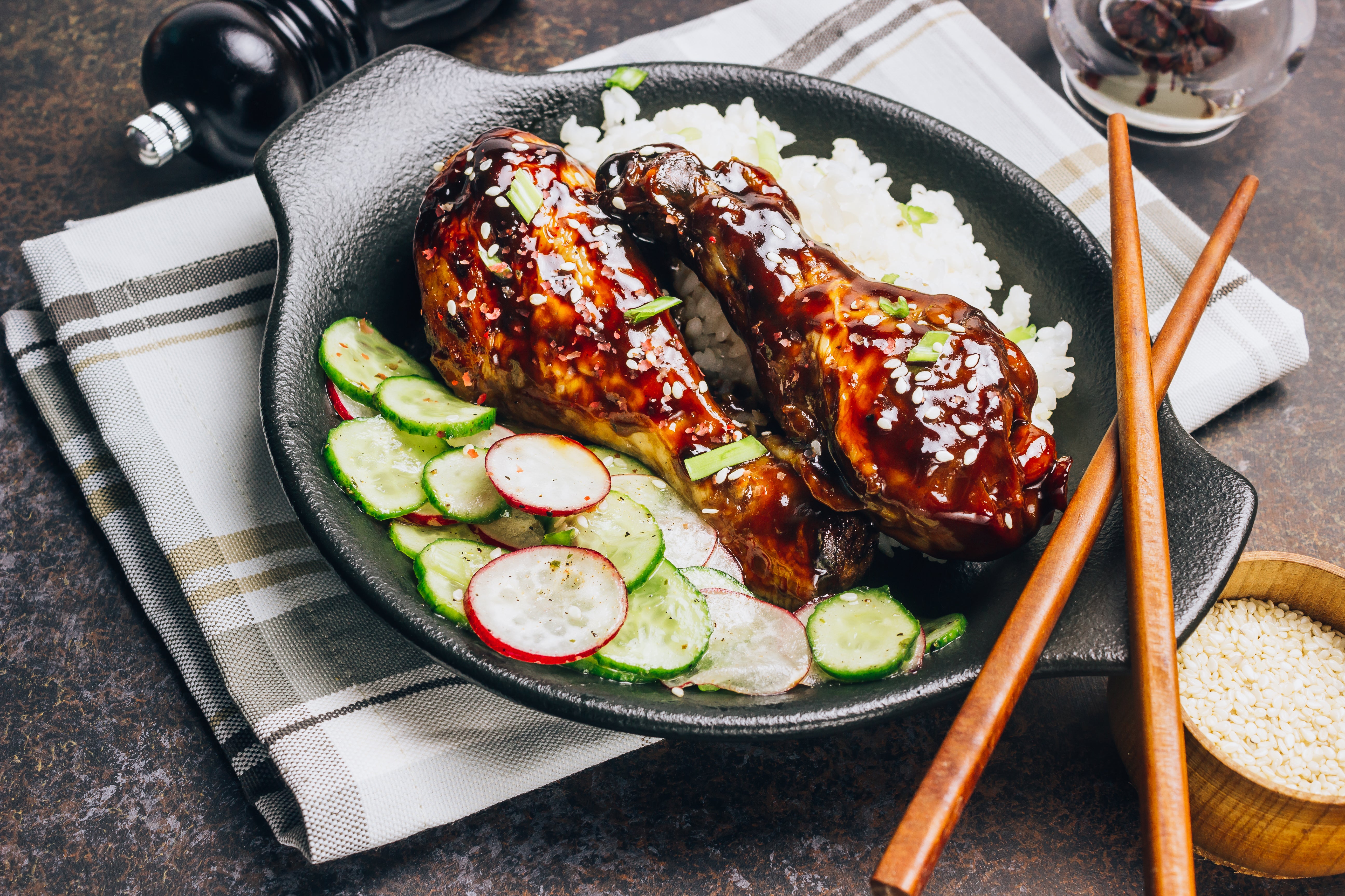 A mix of soy sauce, honey, garlic and coriander infuses the chicken with even more flavour