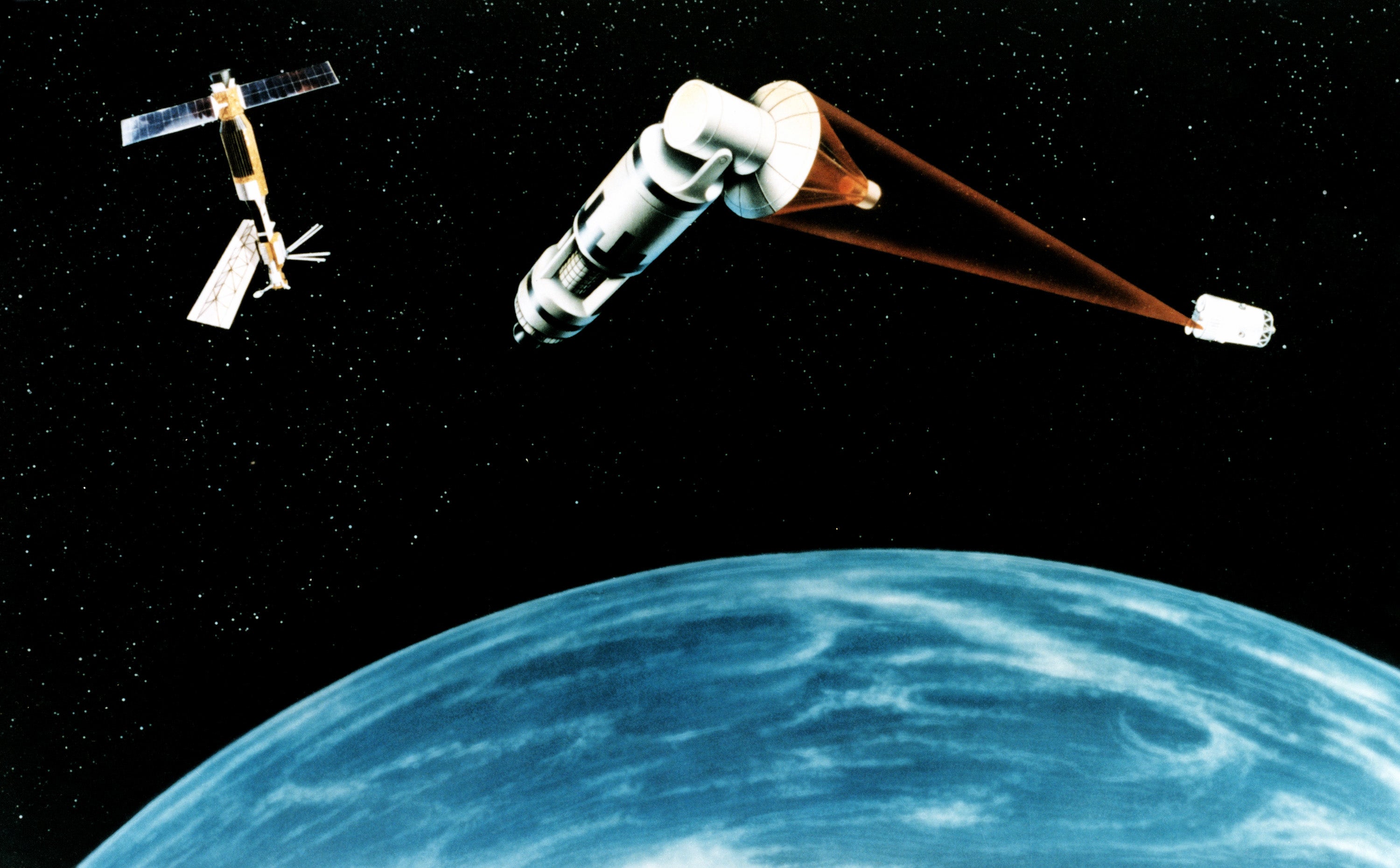 An 1984 artist’s concept of a space laser satellite defence system