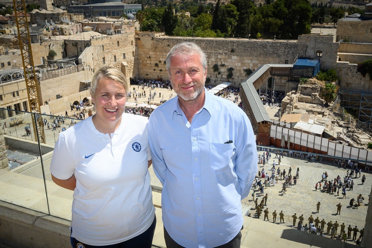 Roman Abramovich, right, with women’s team manager Emma Hayes, left, in Jerusalem. The Chelsea owner’s campaigns against racism and anti-Semitism have come to prominence in recent years (Shahar Azran/Chelsea Football Club)