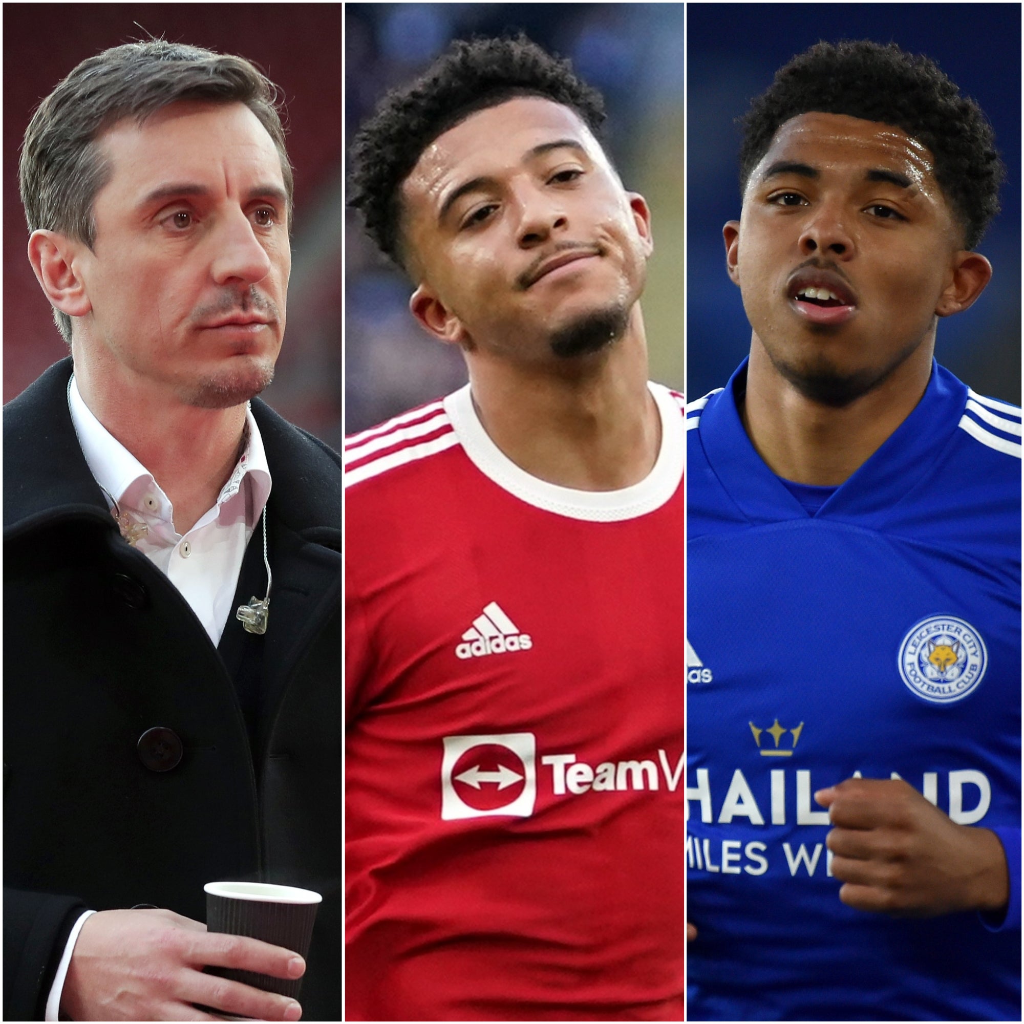 Gary Neville (left), Jadon Sancho (centre) and Wesley Fofana (Adam Davy/Martin Rickett/Rui Vieira/PA)