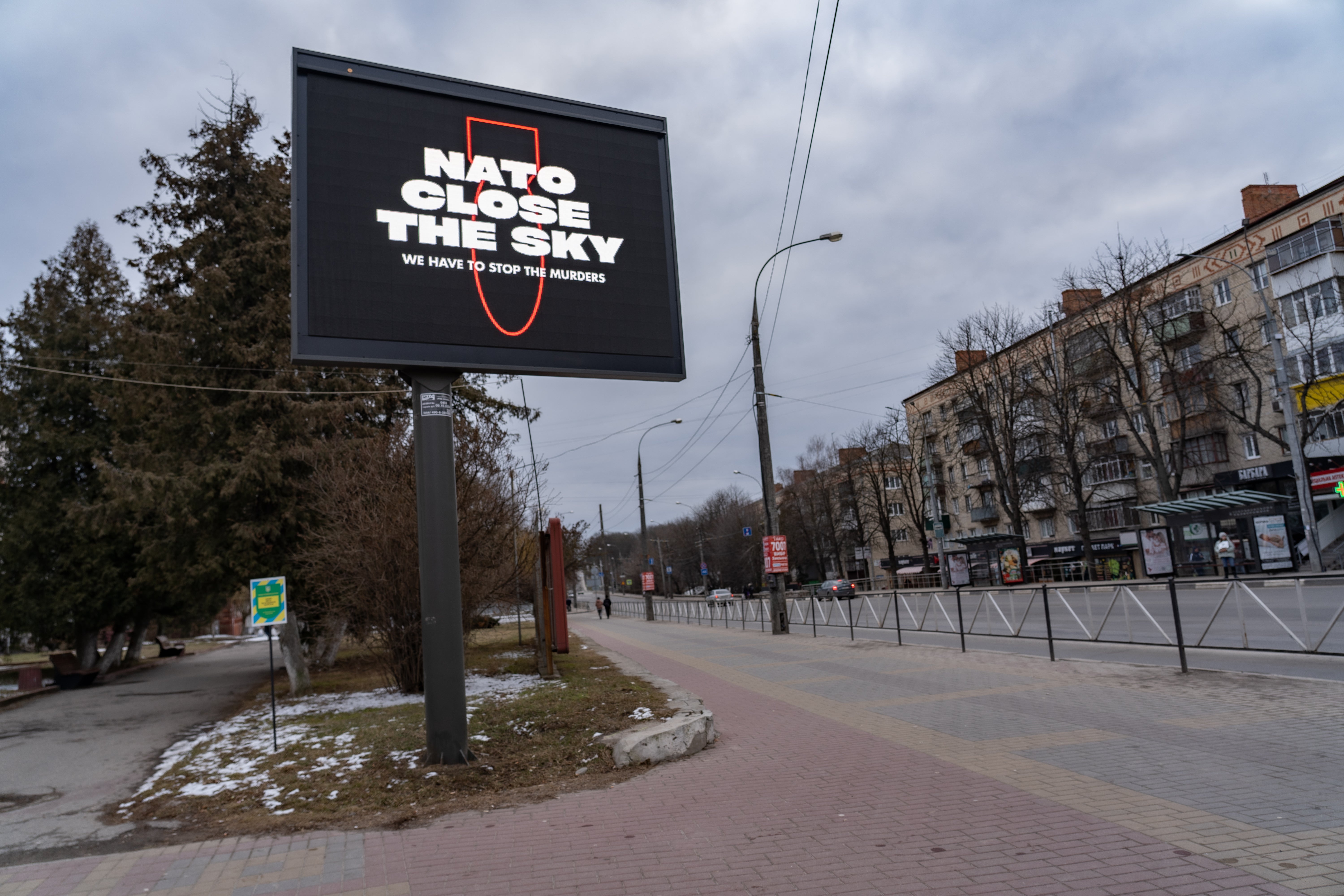 Billboards reading ‘Close the skies’ have been erected in central Khmelnytskyi, a city near Zhytomyr