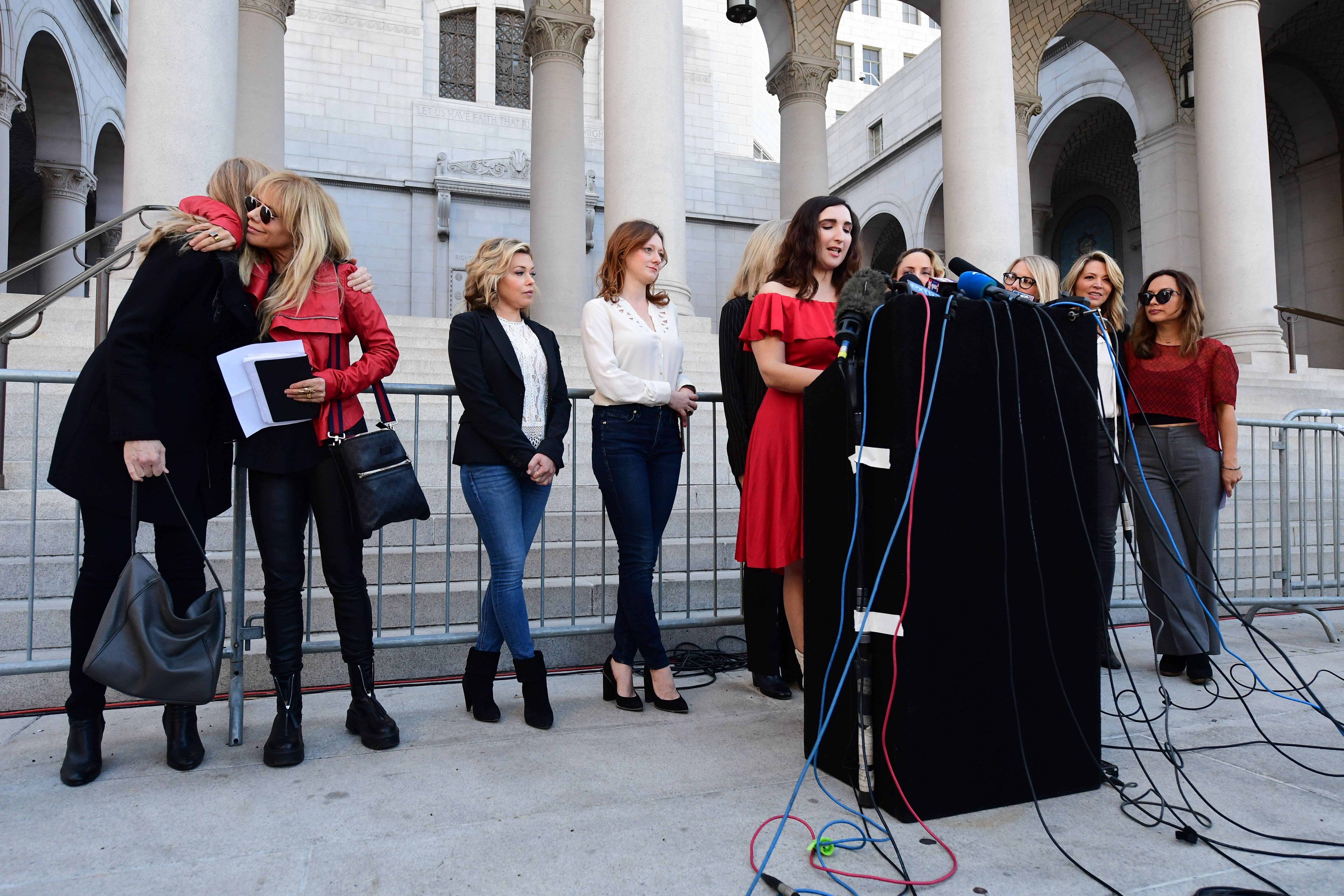 Sarah Ann Masse speaks alongside a group of silence breakers at a press conference in Los Angeles, California, on 25 February 2020 – the day after Weinstein was convicted of rape in the third degree and a criminal sexual act in the first degree