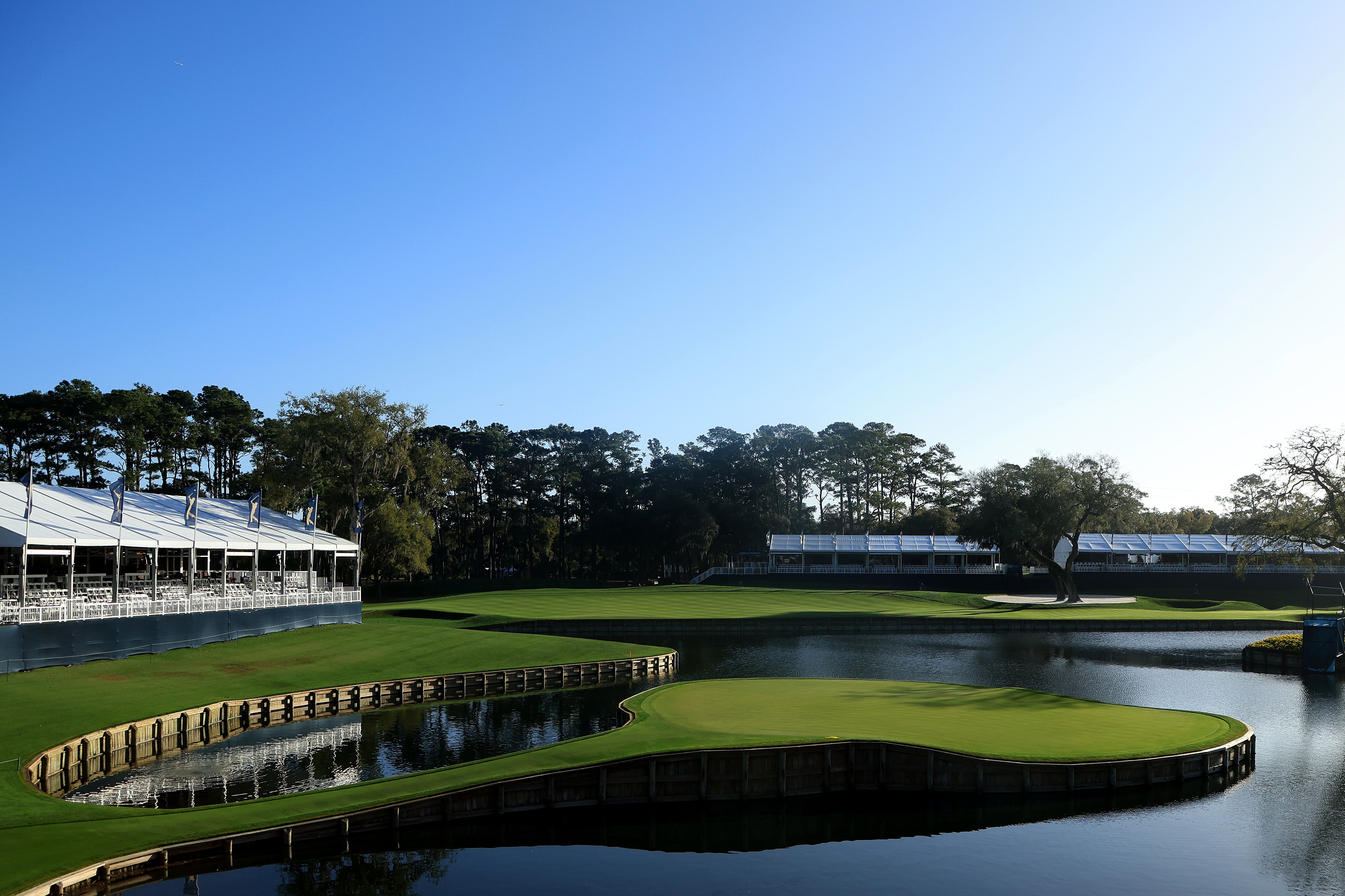 A view of the famous 17th hole during practice