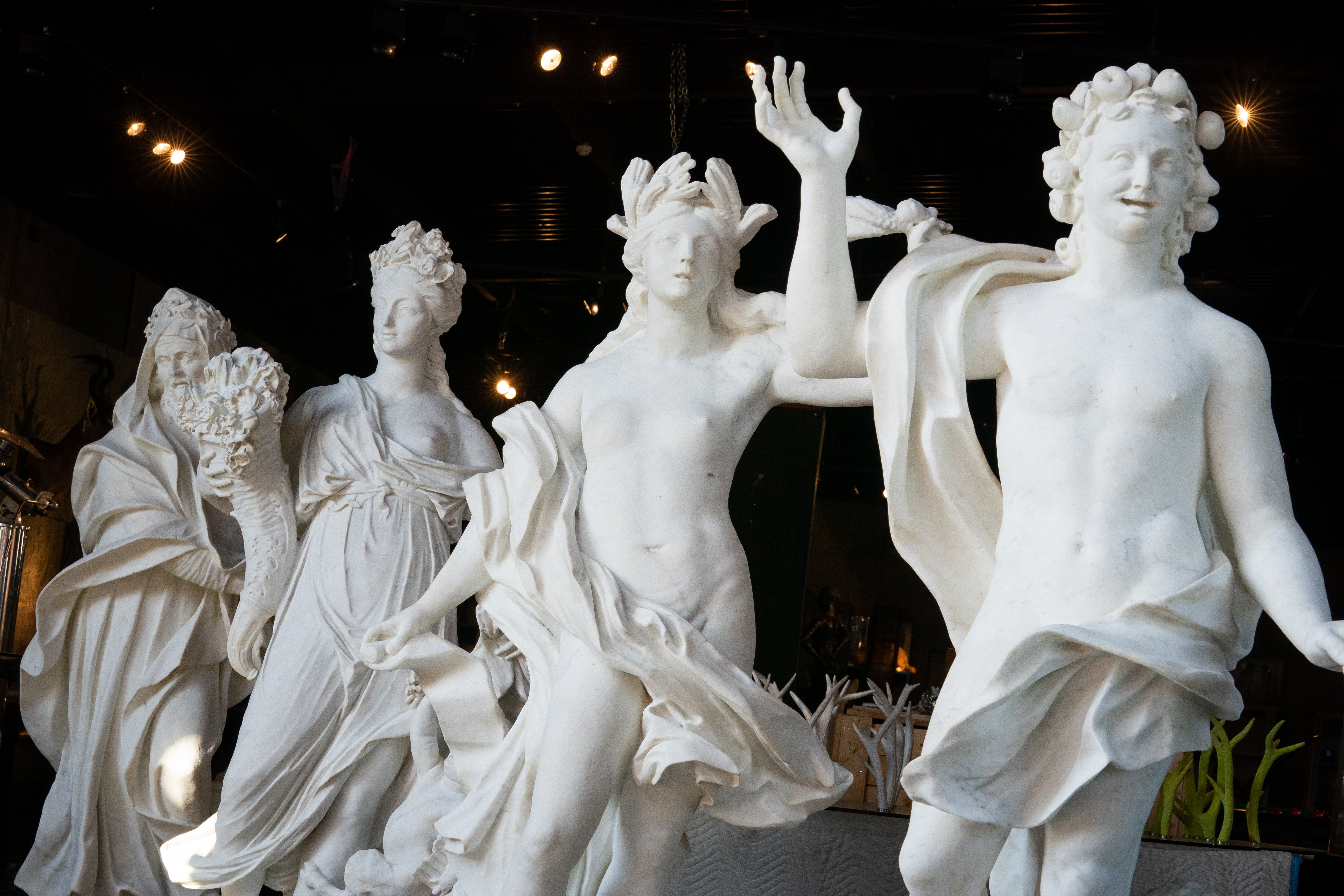 A rare set of four carved marble figures representing the four seasons, from La Granja Vella de Marti Codolar in Barcelona, Spain, on display at Summers Place Auctions in Billingshurst, West Sussex. (Aaron Chown/PA)