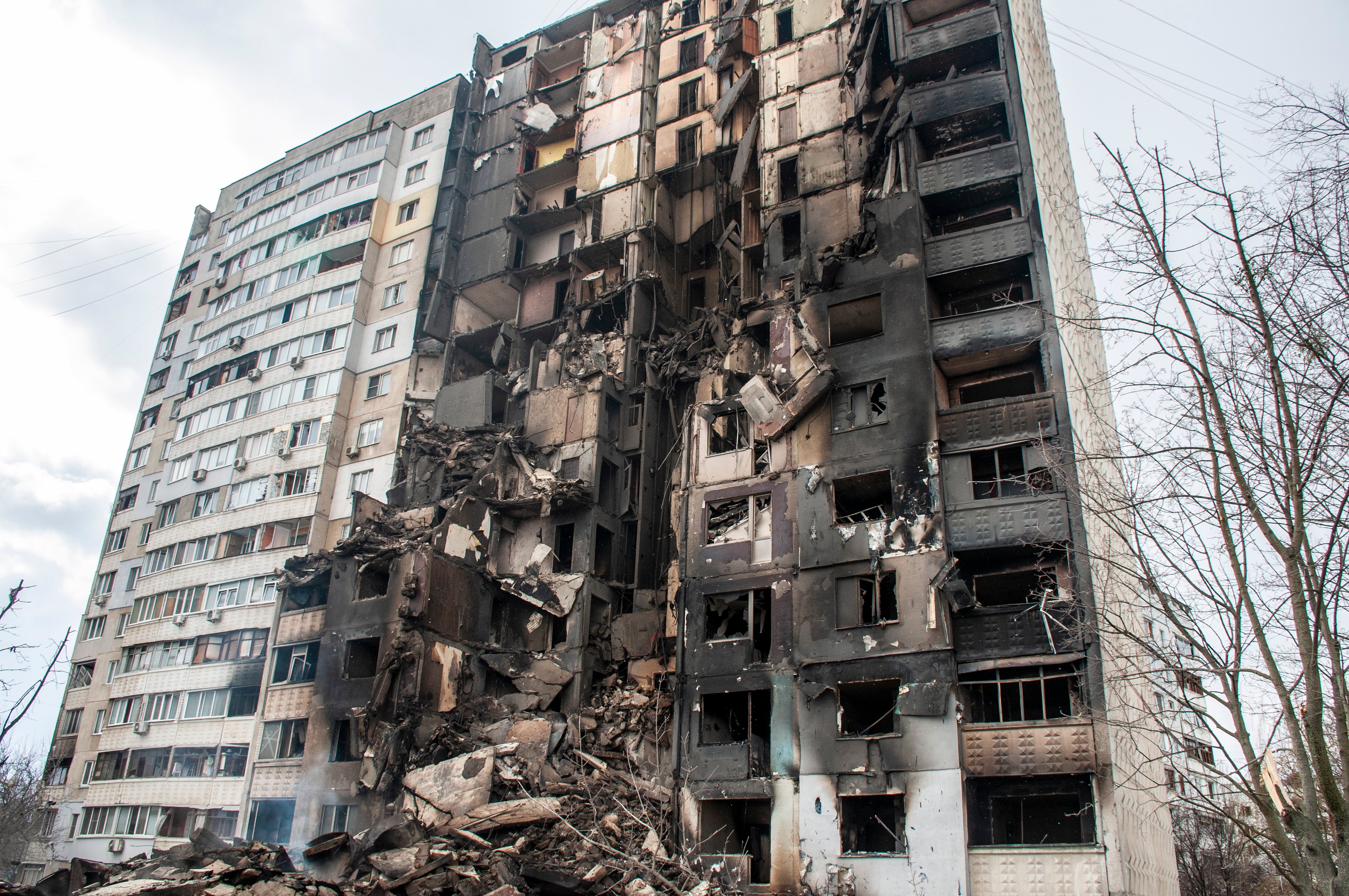 A destroyed residential building after shelling is seen in Eastern Ukrainian city of Kharkiv