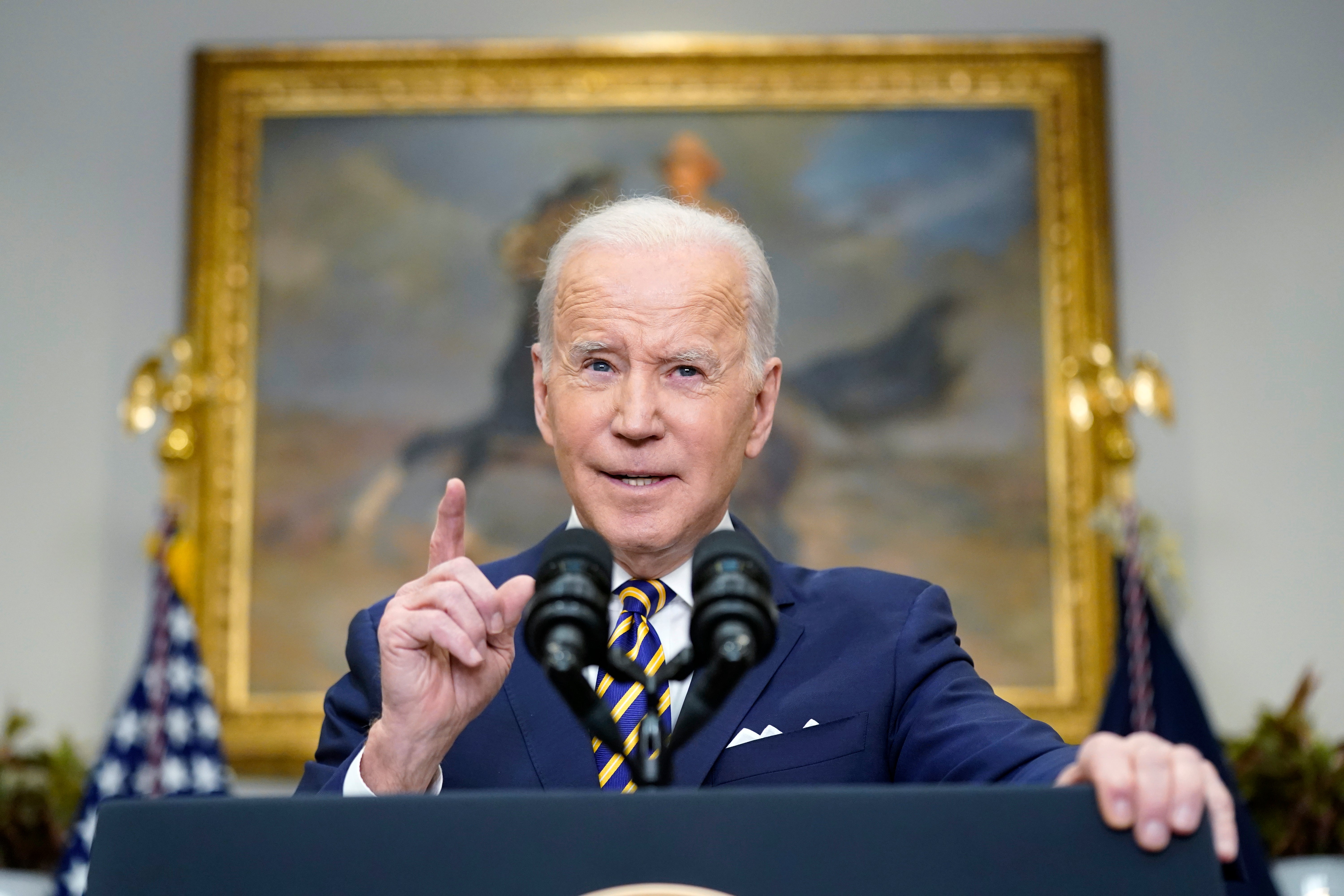 President Joe Biden announces a ban on Russian oil imports, toughening the toll on Russia's economy in retaliation for its invasion of Ukraine, Tuesday, March 8, 2022, in the Roosevelt Room at the White House in Washington. (AP Photo/Andrew Harnik)