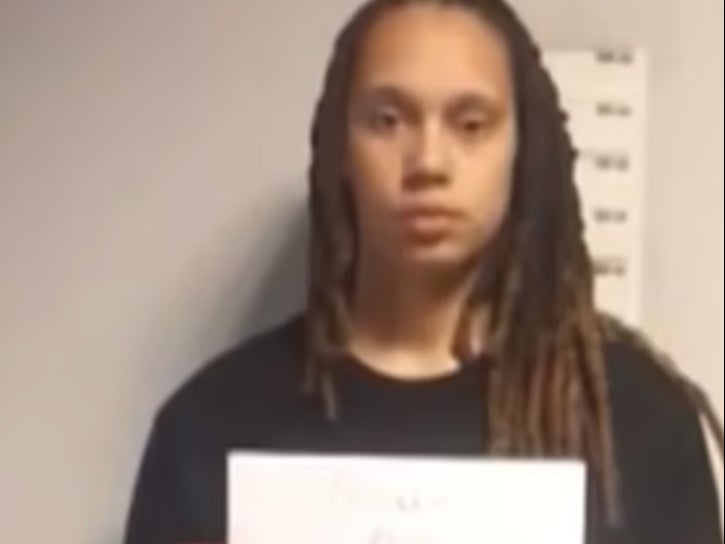 WNBA star Brittney Griner appearing in a photo released by Russian officials following her detainment in Moscow. Ms Griner is accused by Russian law enforcement of trying to transport drugs.