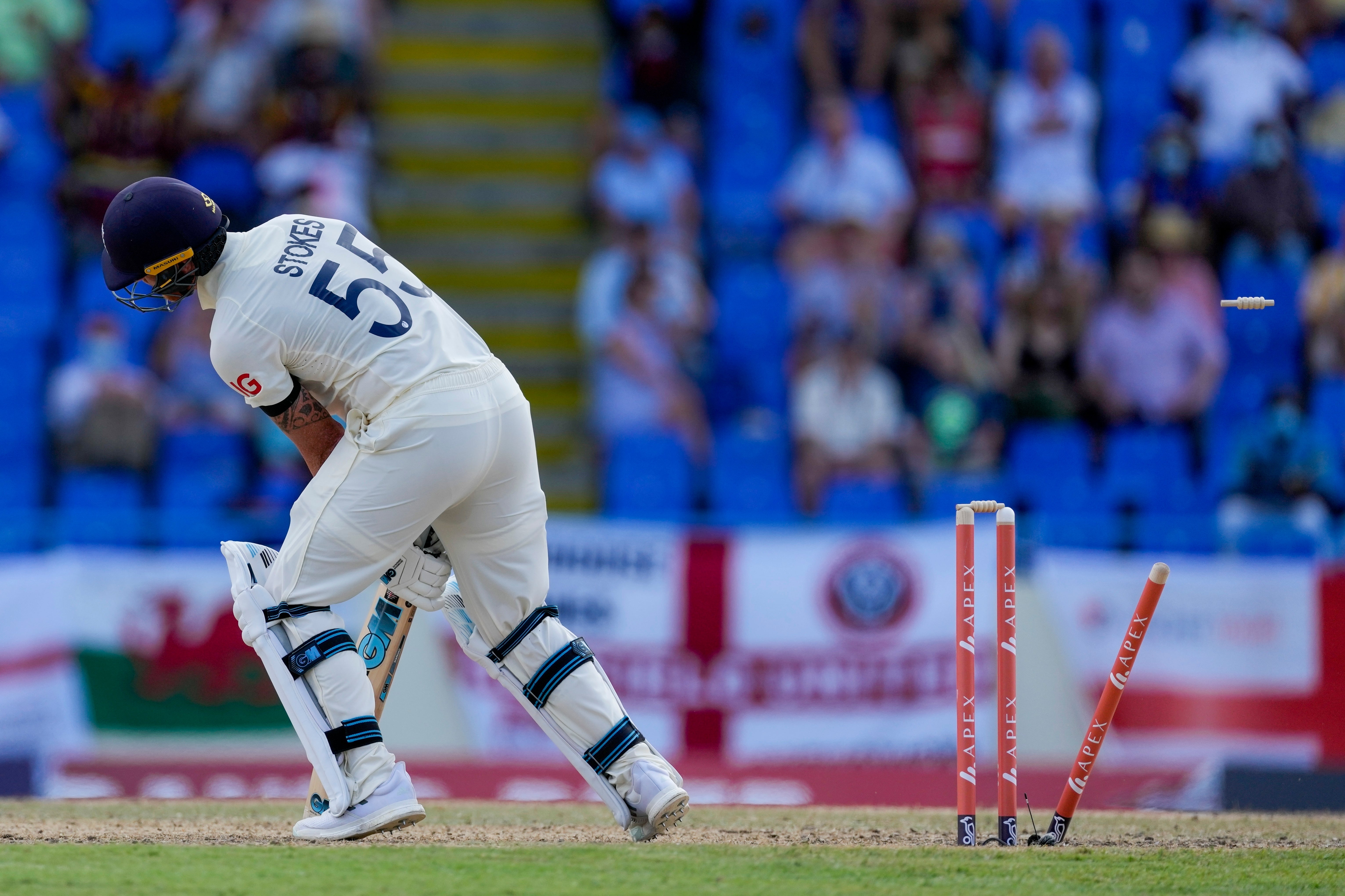 Ben Stokes was bowled out by Jayden Seales (Ricardo Mazalan/AP)