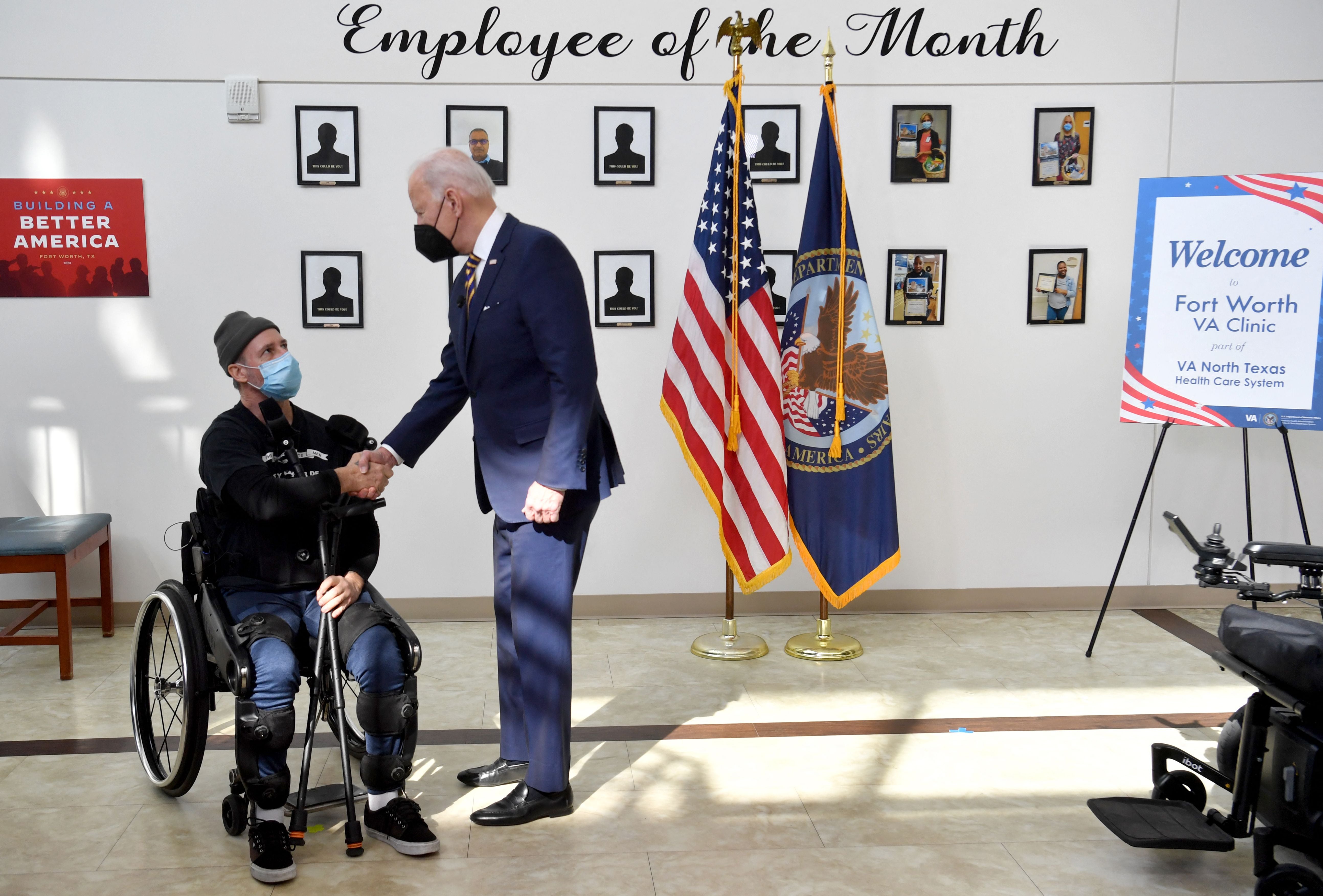 President Biden meets a veteran at the Fort Worth VA clinic on Tuesday