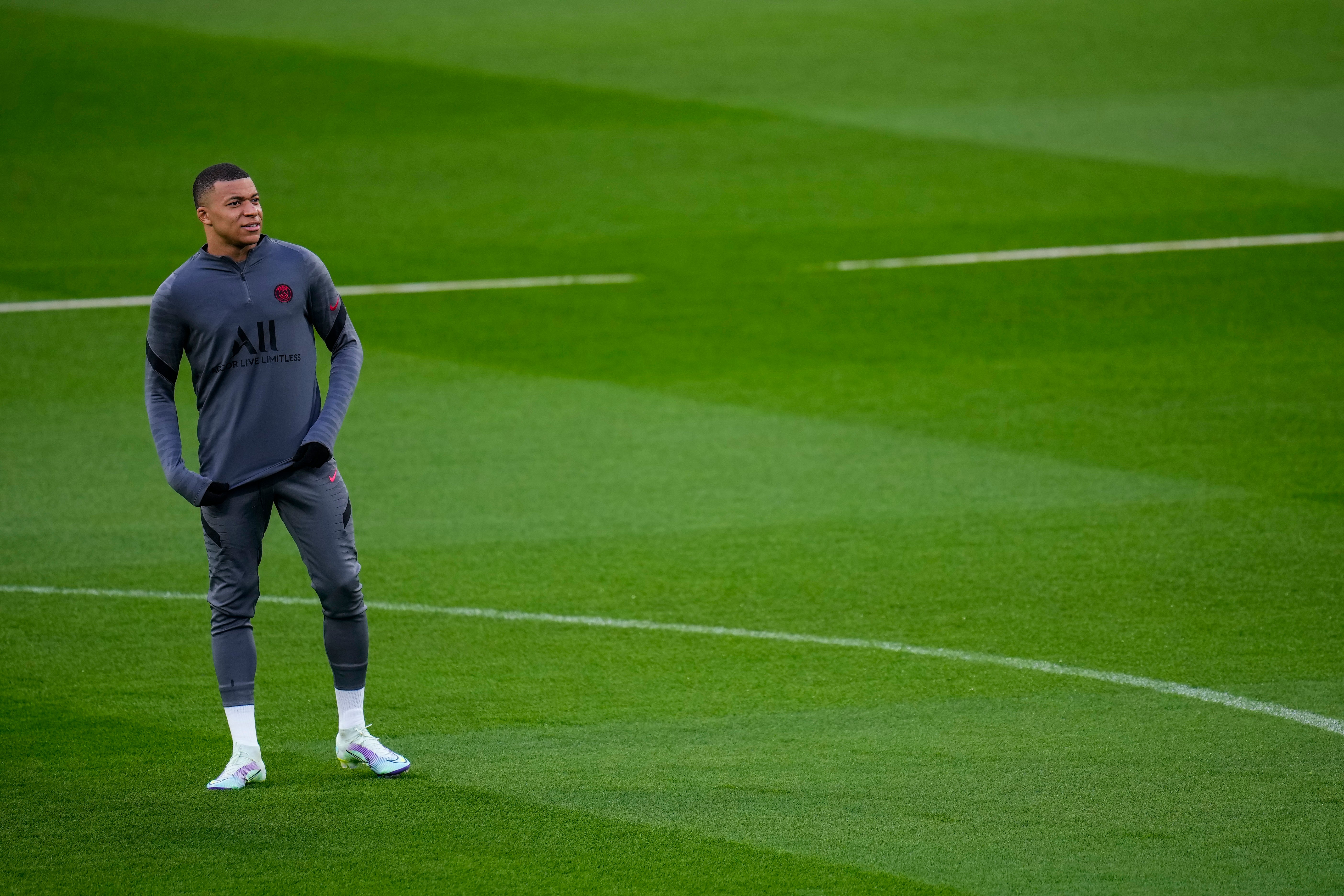 Kylian Mbappe attends a training session at the Bernabeu stadium