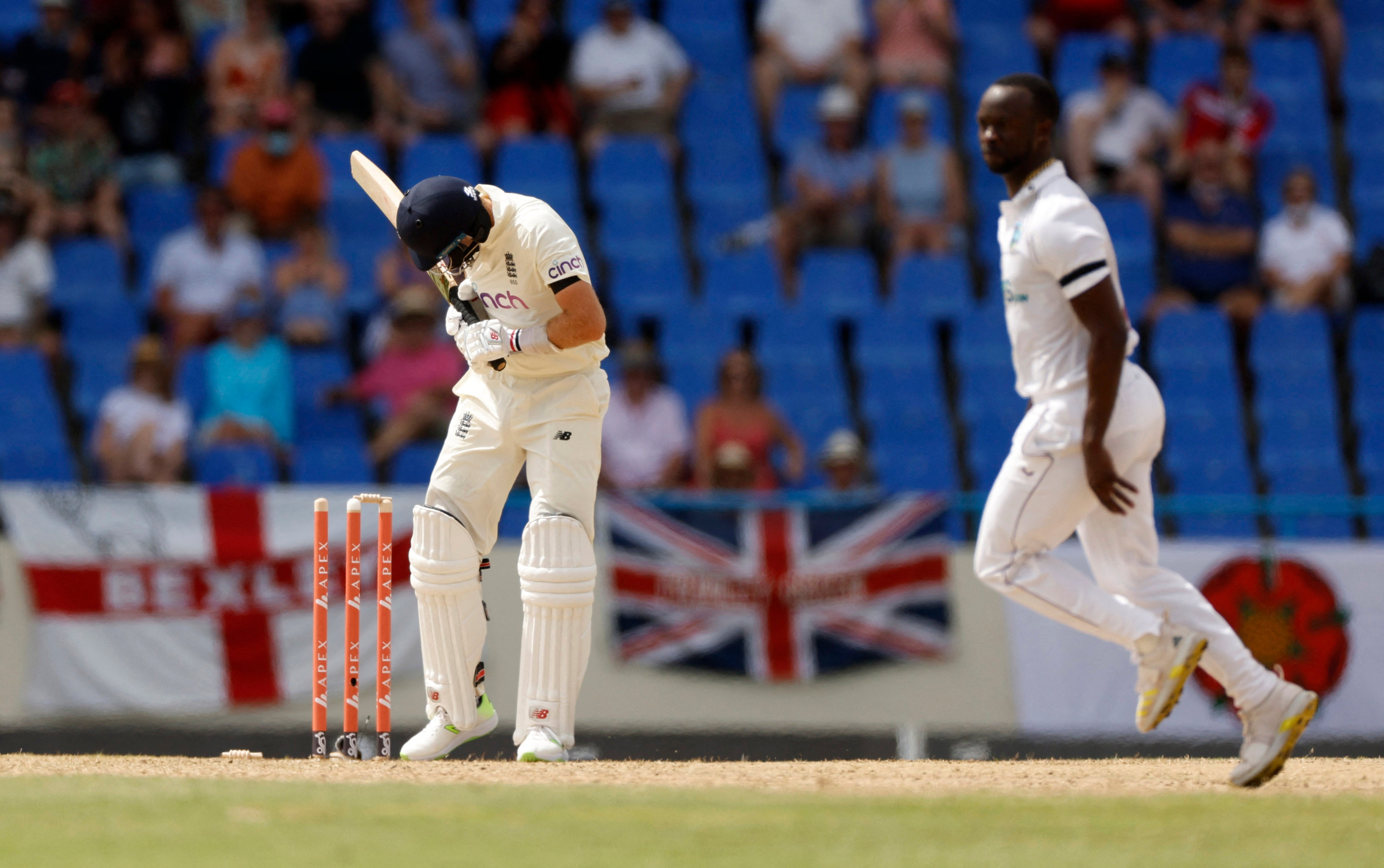 Joe Root was skittled for just 13 after leaving a ball that clipped the top of his off stump