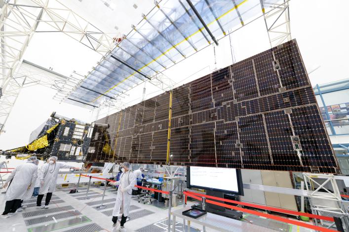 Engineers at Nasa’s Jet Propulsion Laboratory attach solar panels to the Psyche spacecraft, which will blast off to the asteroid belt in August, 2022