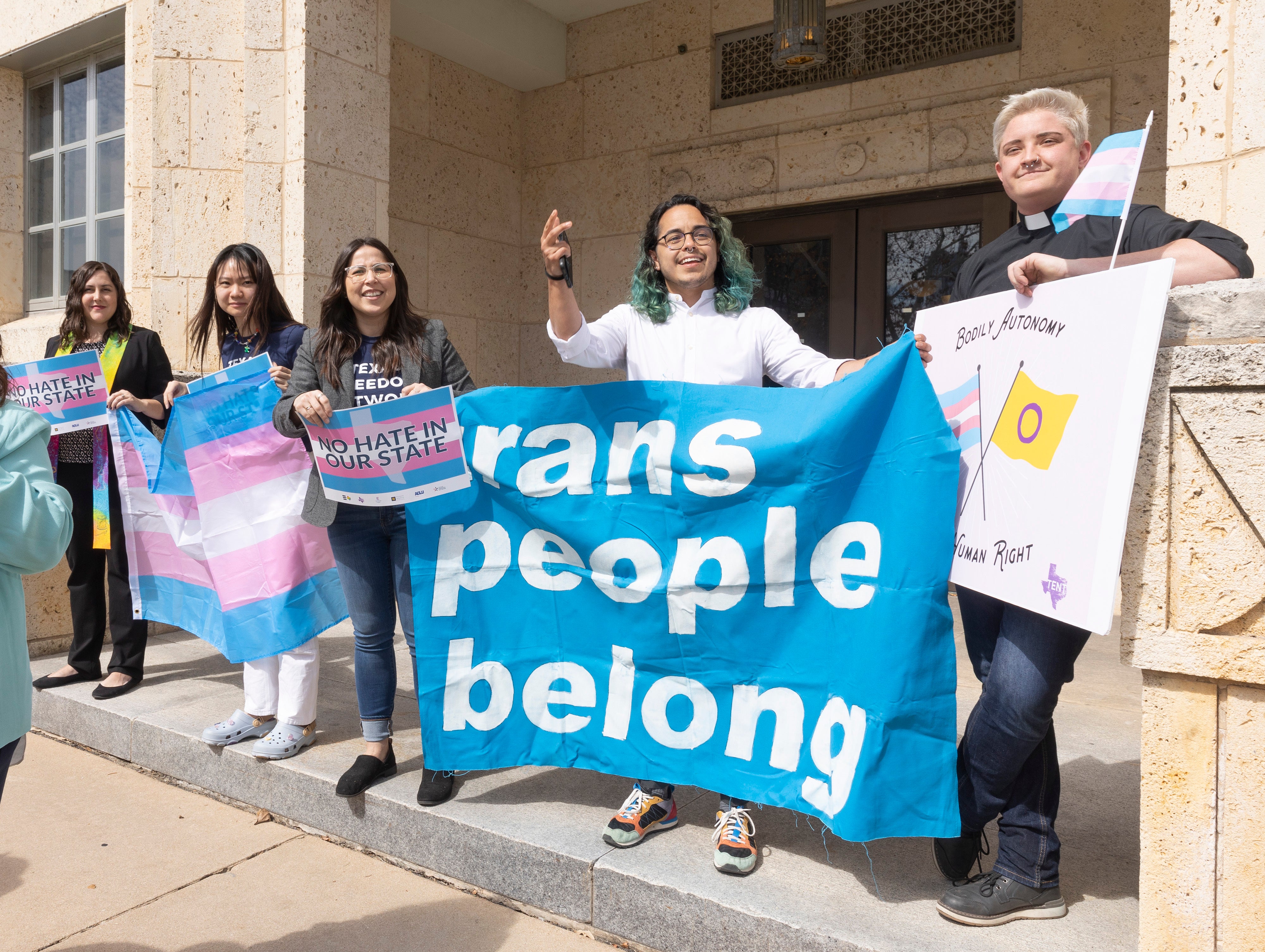 Protesters speak out against Texas Governor Greg Abbott’s directive to investigate families seeking gender-affirming care for their children at a demonstration on 2 March, 2022.