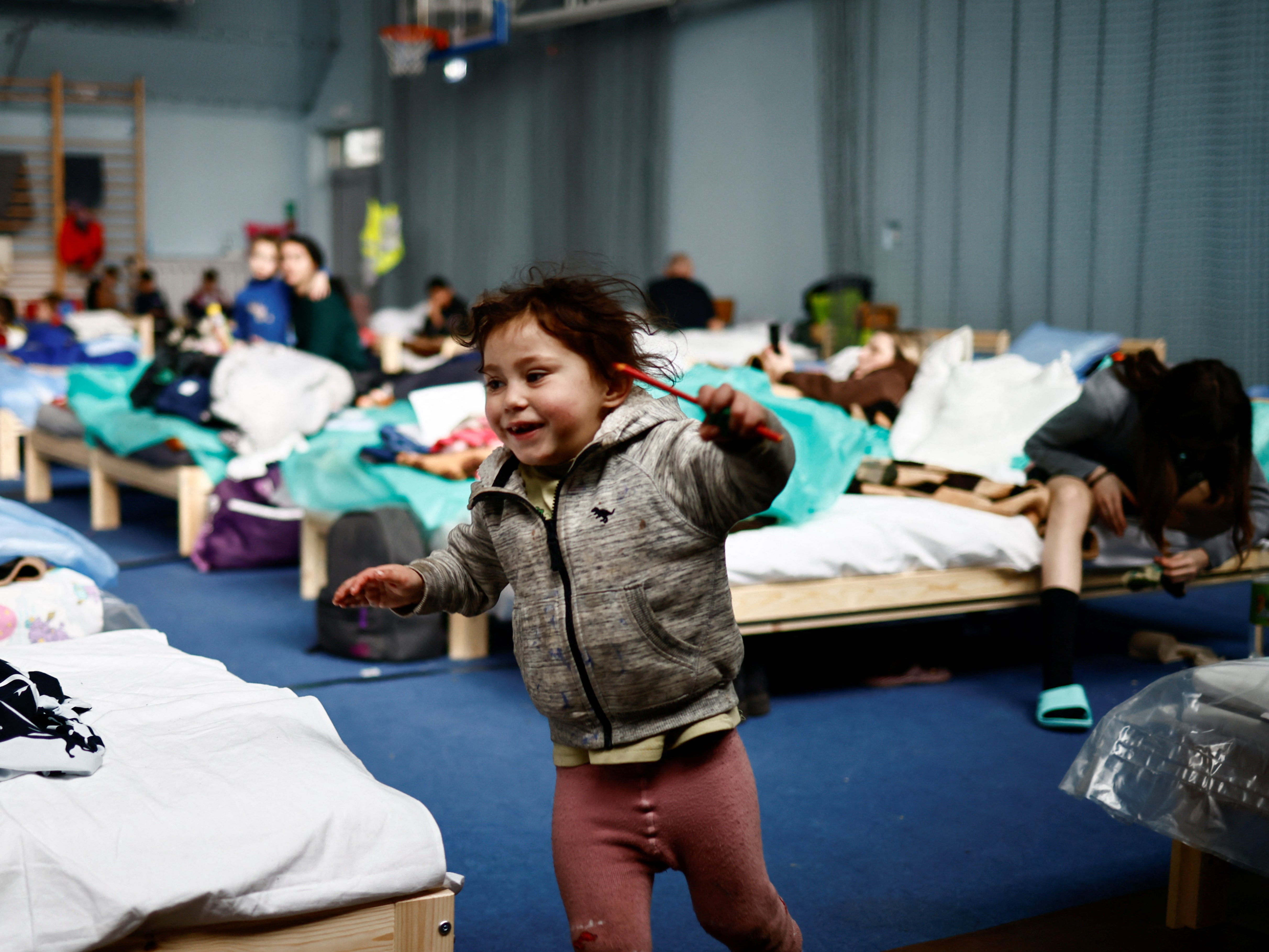 A school in Przemysl, Poland, was transformed into temporary accommodation for people fleeing