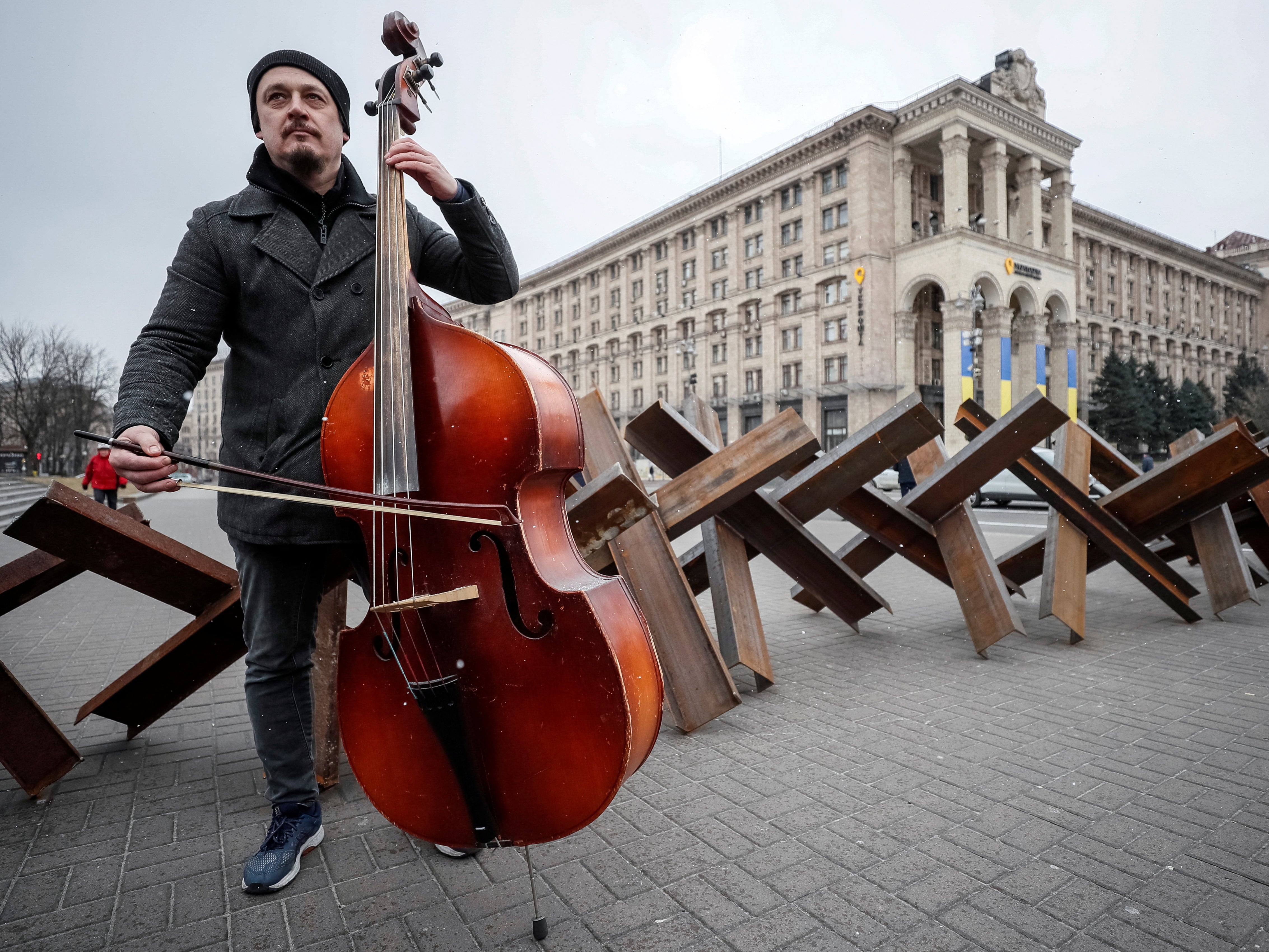 Oleksey Beregoviy, of the Kyiv-Classic Symphony Orchestra, performs at Independence Square in Kyiv