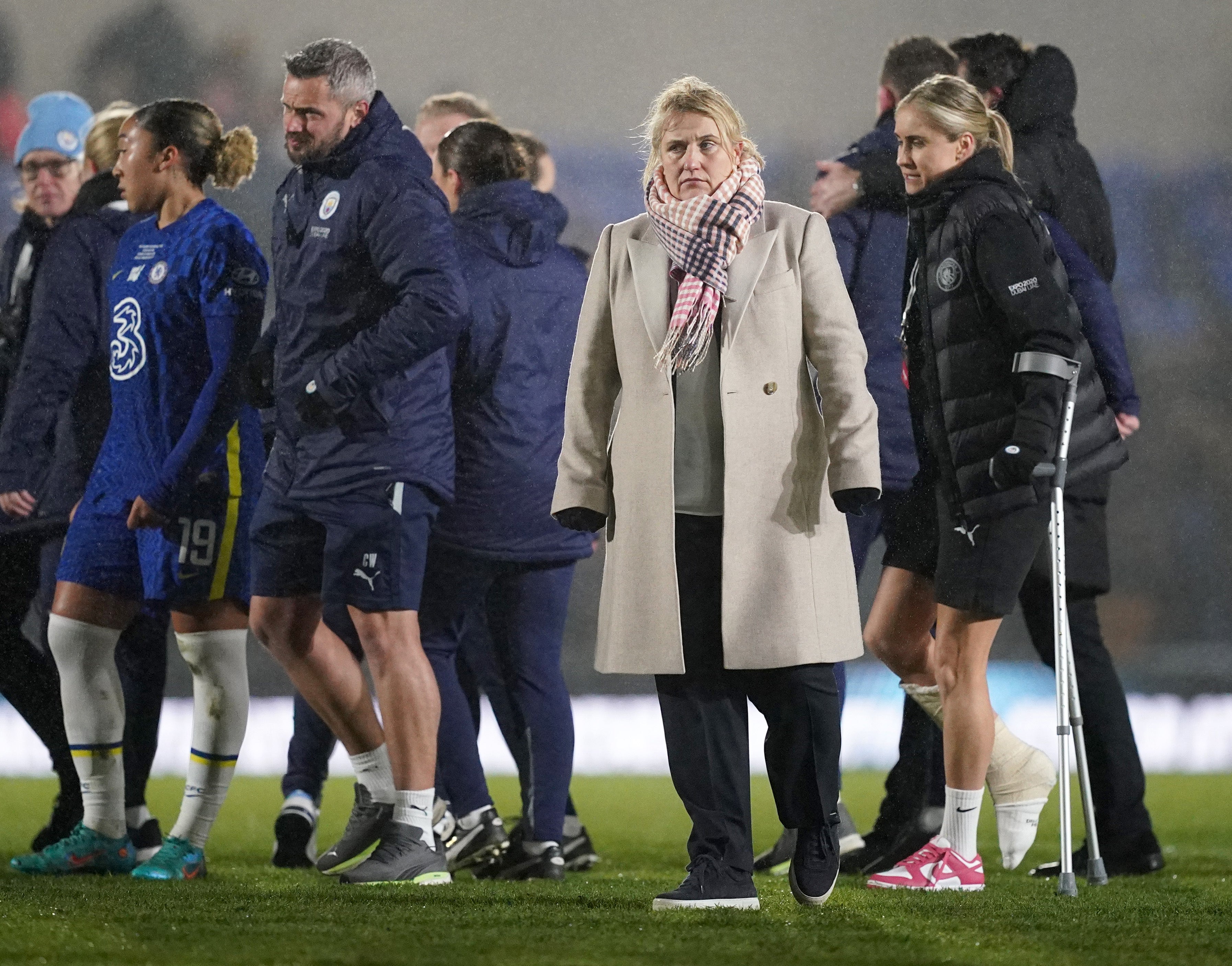 Emma Hayes, second right, saw her side beaten by Manchester City despite taking the lead (Yui Mok/PA)