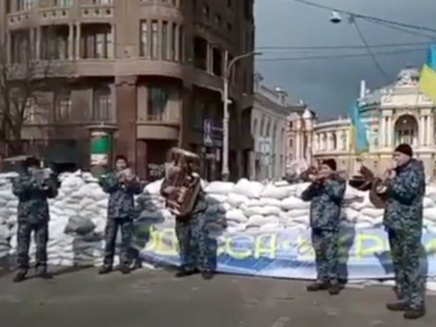 A Ukrainian naval band plays Bobby McFerren’s ‘Don’t Worry, Be Happy’ in Odessa, Ukraine