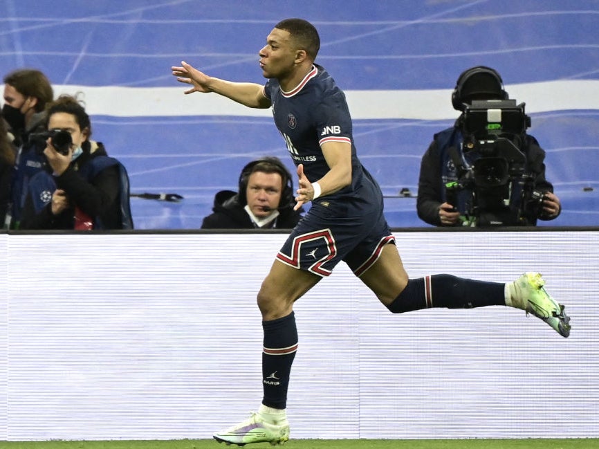 Kylian Mbappe celebrates scoring the opener