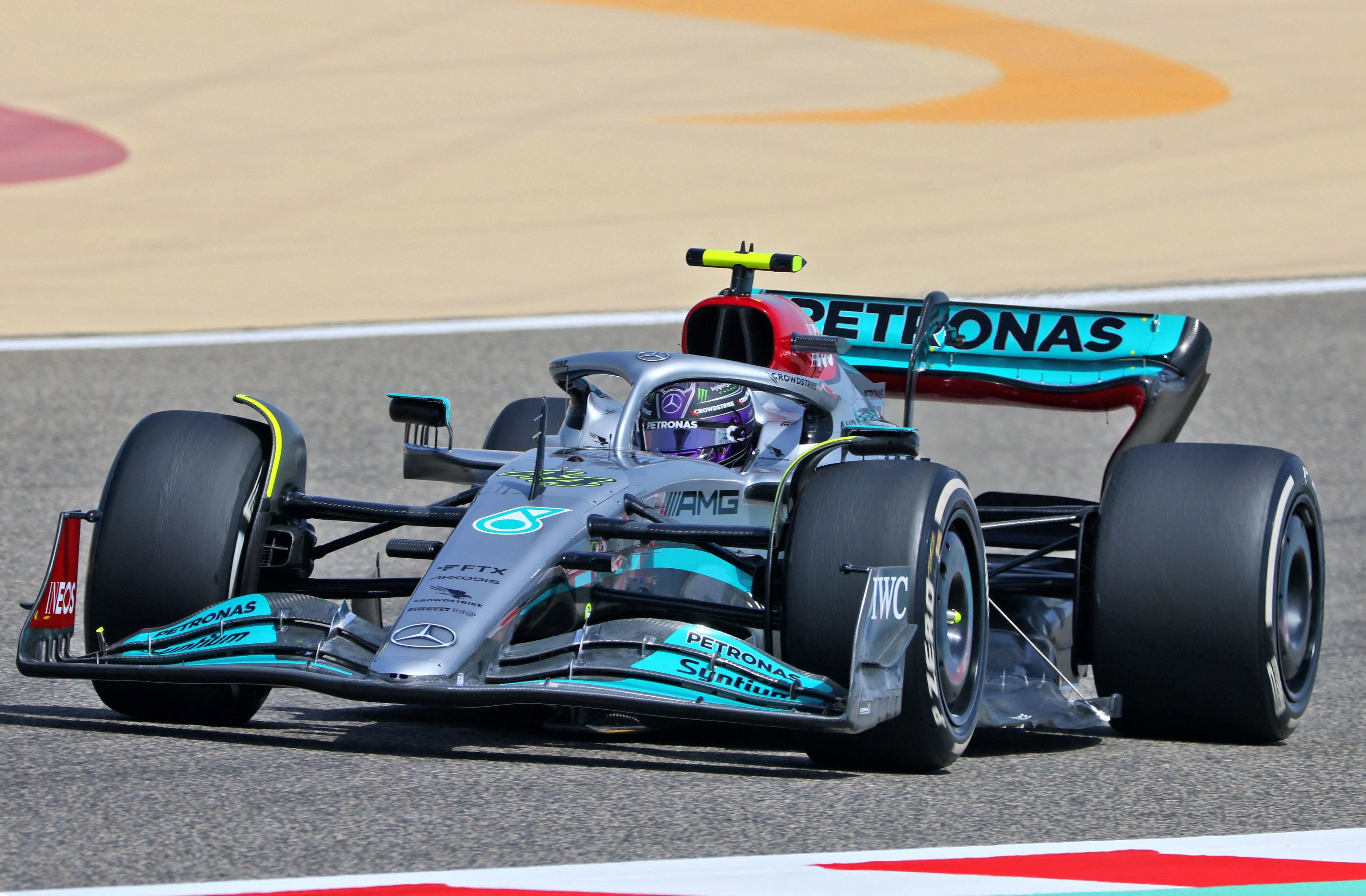 Mercedes’ British driver Lewis Hamilton drives during the first day of testing