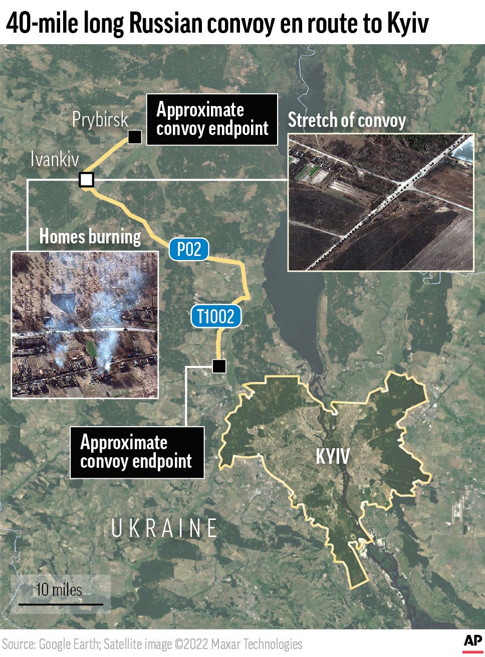 This map shows the approximate start and end points of a 40-mile long Russian military convoy en route to Kyiv