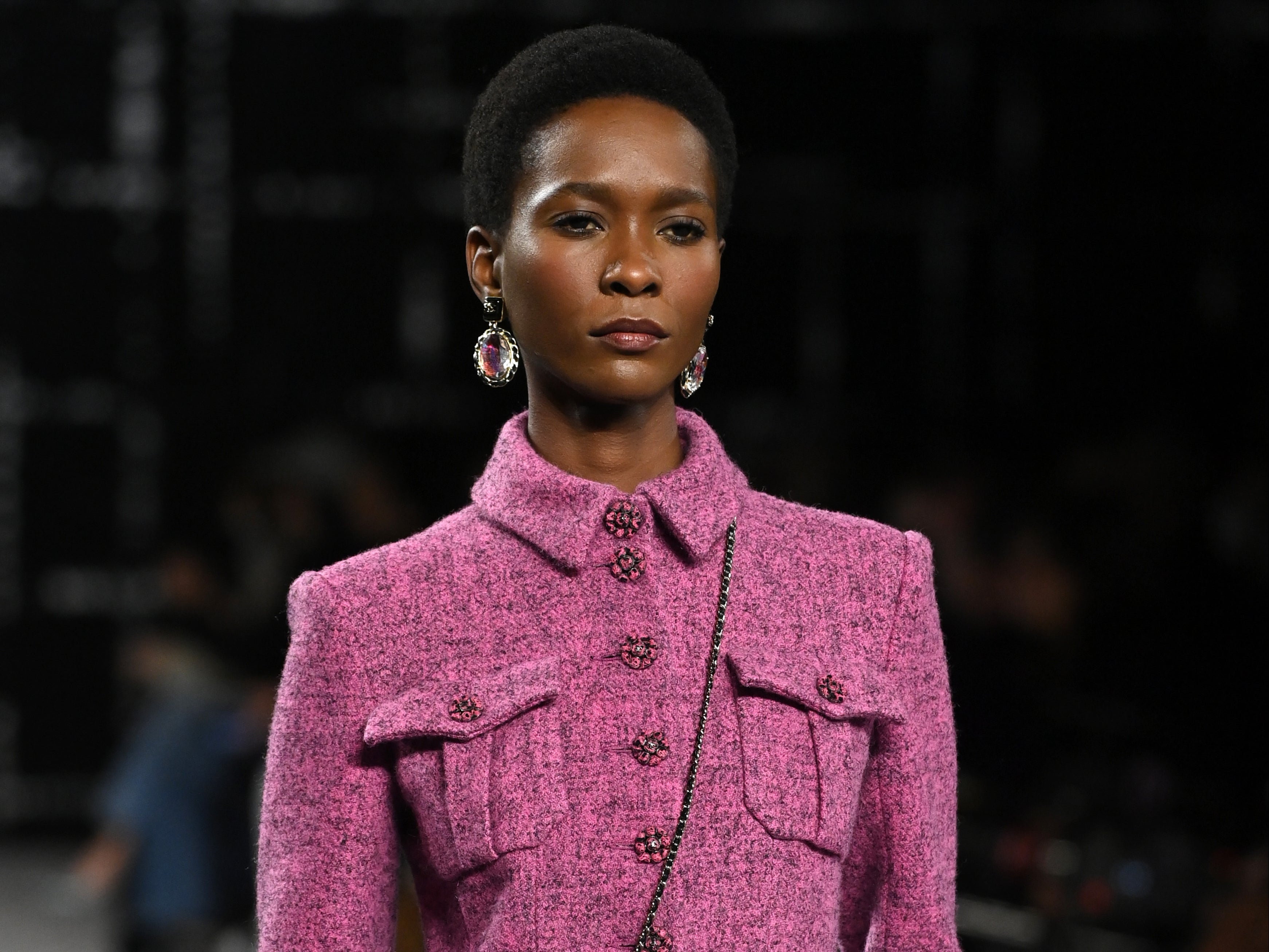 A model walks at Chanel’s A/W 2022 show during Paris Fashion Week