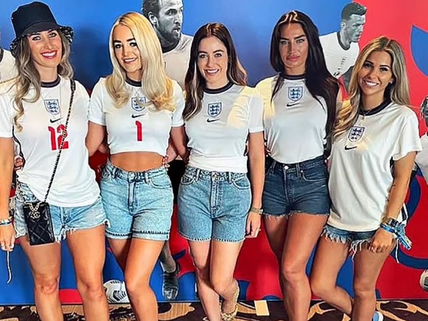 Partners of the England squad, from left: Kieran Trippier’s wife, Charlotte; Jordan Pickford’s wife, Megan Davison; Harry Maguire’s fiancée, Fern Hawkins; Kyle Walker’s fiancée, Annie Kilner; Luke Shaw’s girlfriend, Anouska Santos