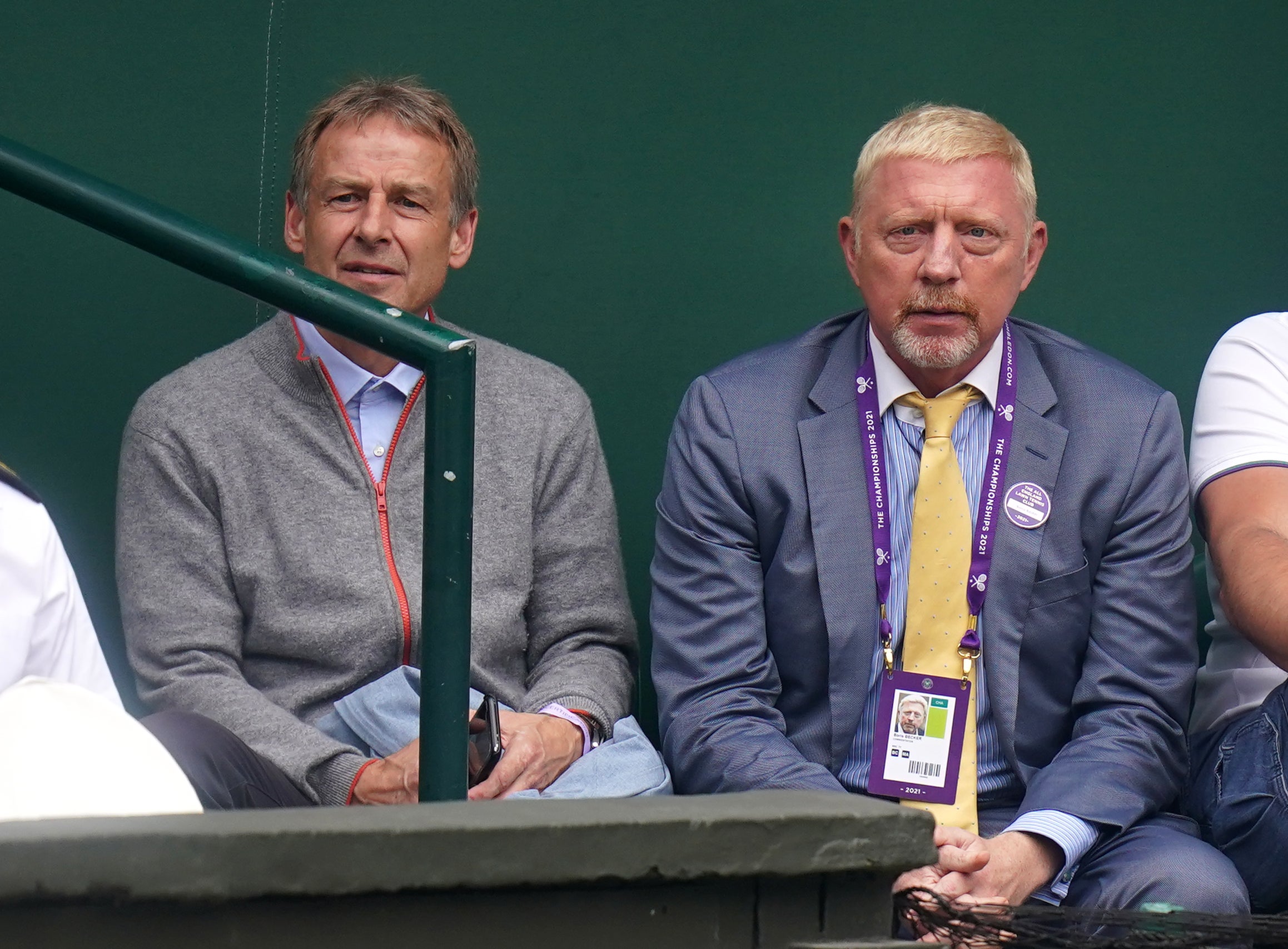 Boris Becker, right, with Jurgen Klinsmann at Wimbledon (Adam Davy/PA)