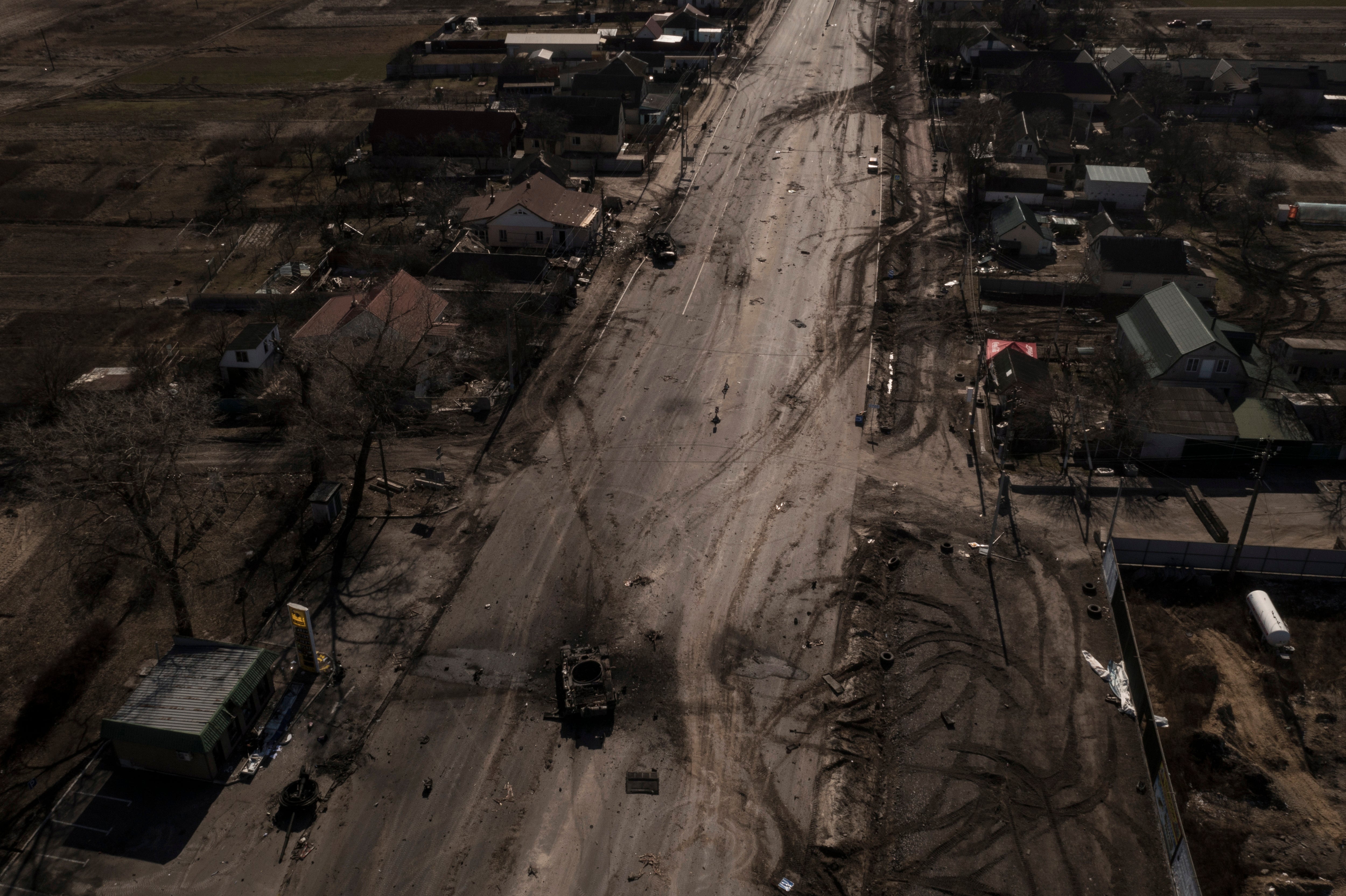 Destroyed Russian tanks are seen on a main road after battles near Brovary, north of Kyiv