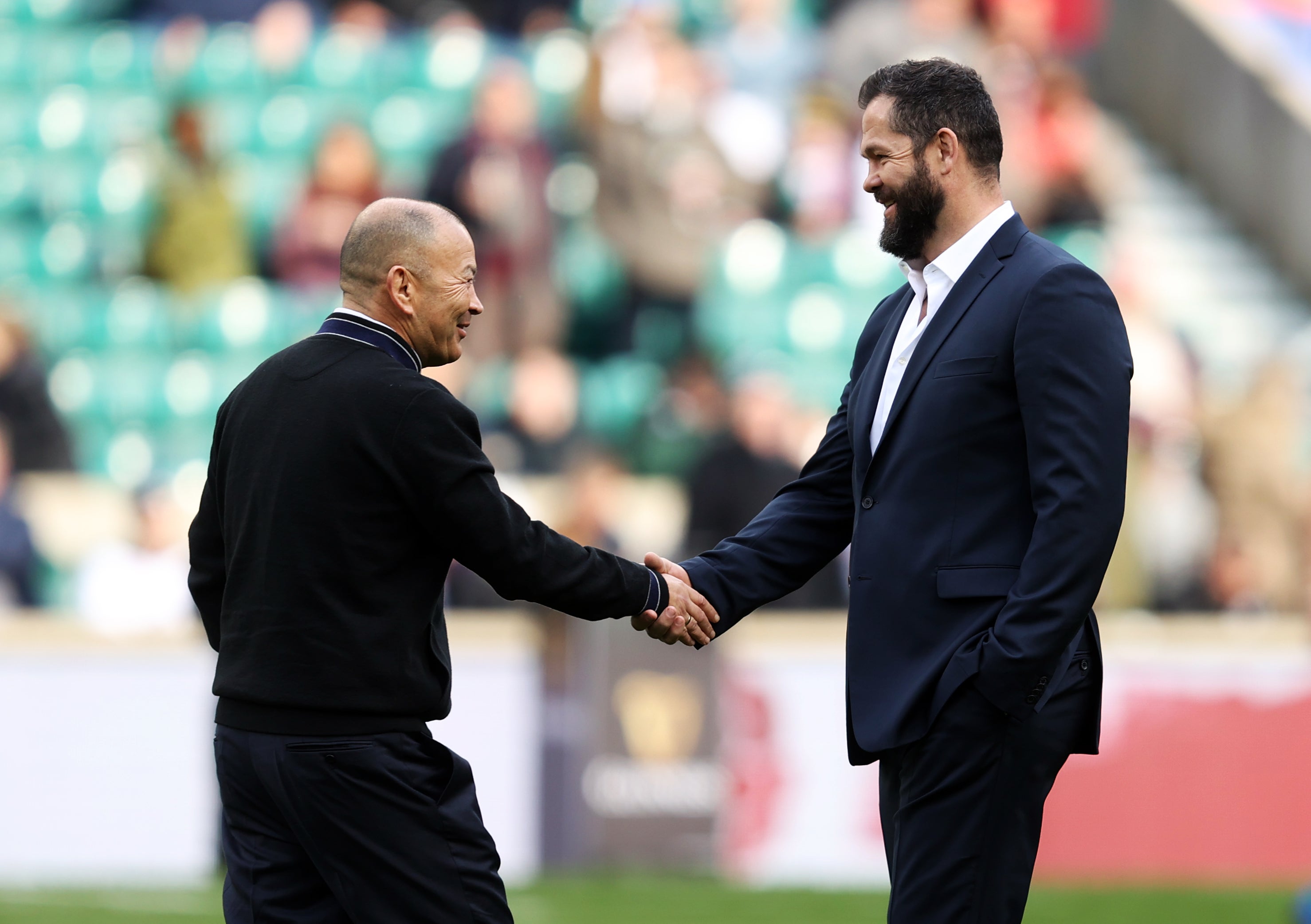 Ireland head coach Andy Farrell, right, is yet to defeat Eddie Jones’ England at Twickenham (David Davies/PA)