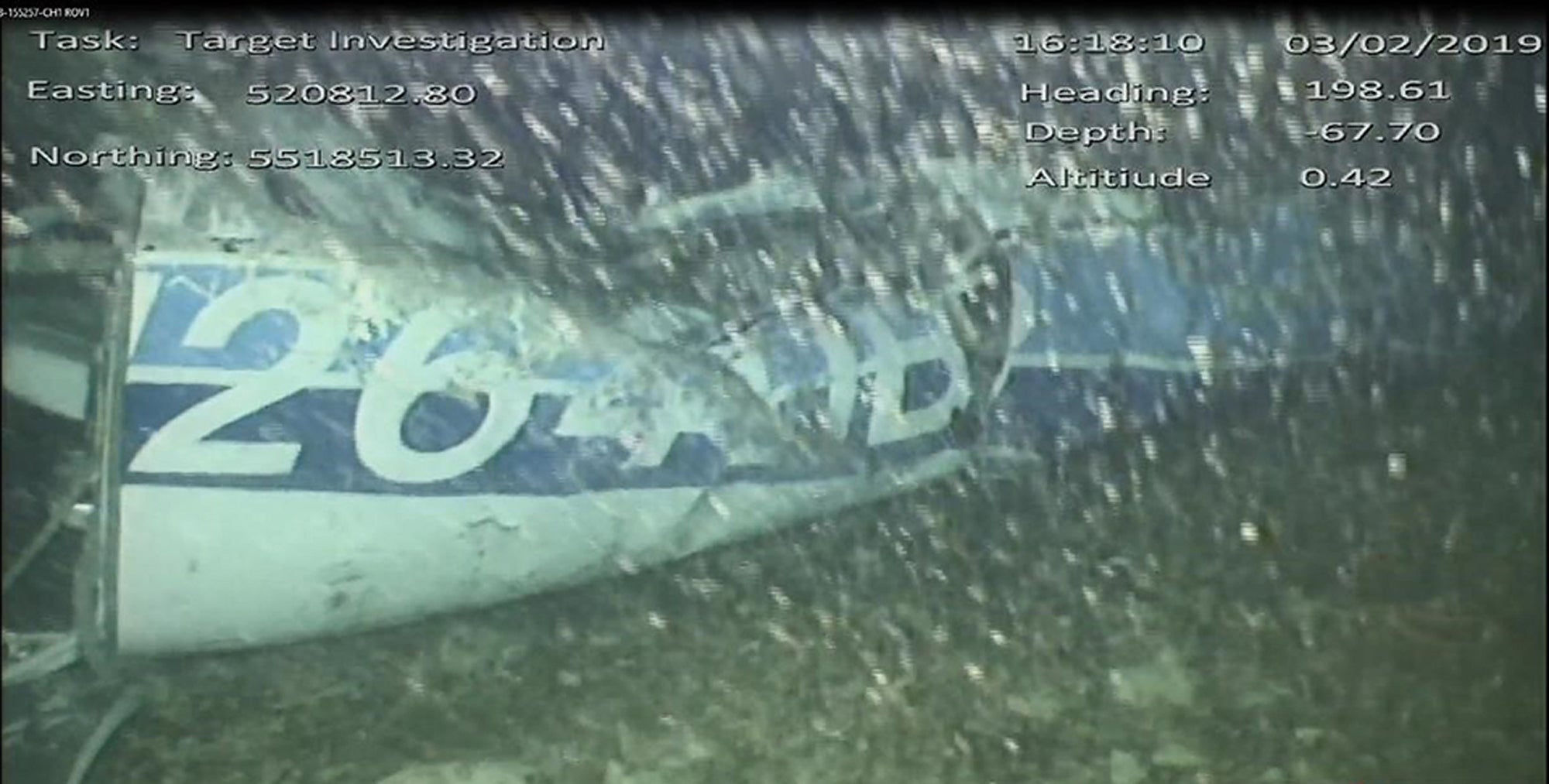 The rear left side of the fuselage, including part of the aircraft registration, in the wreckage of the plane which flew Emiliano Sala (Air Accidents Investigation Branch/PA)