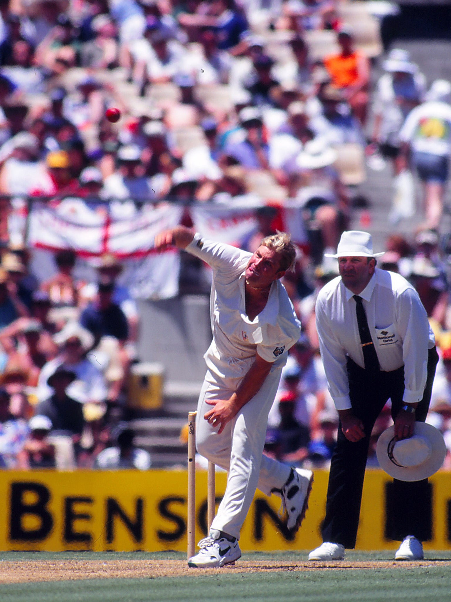 Warne bowling in a Test match against England