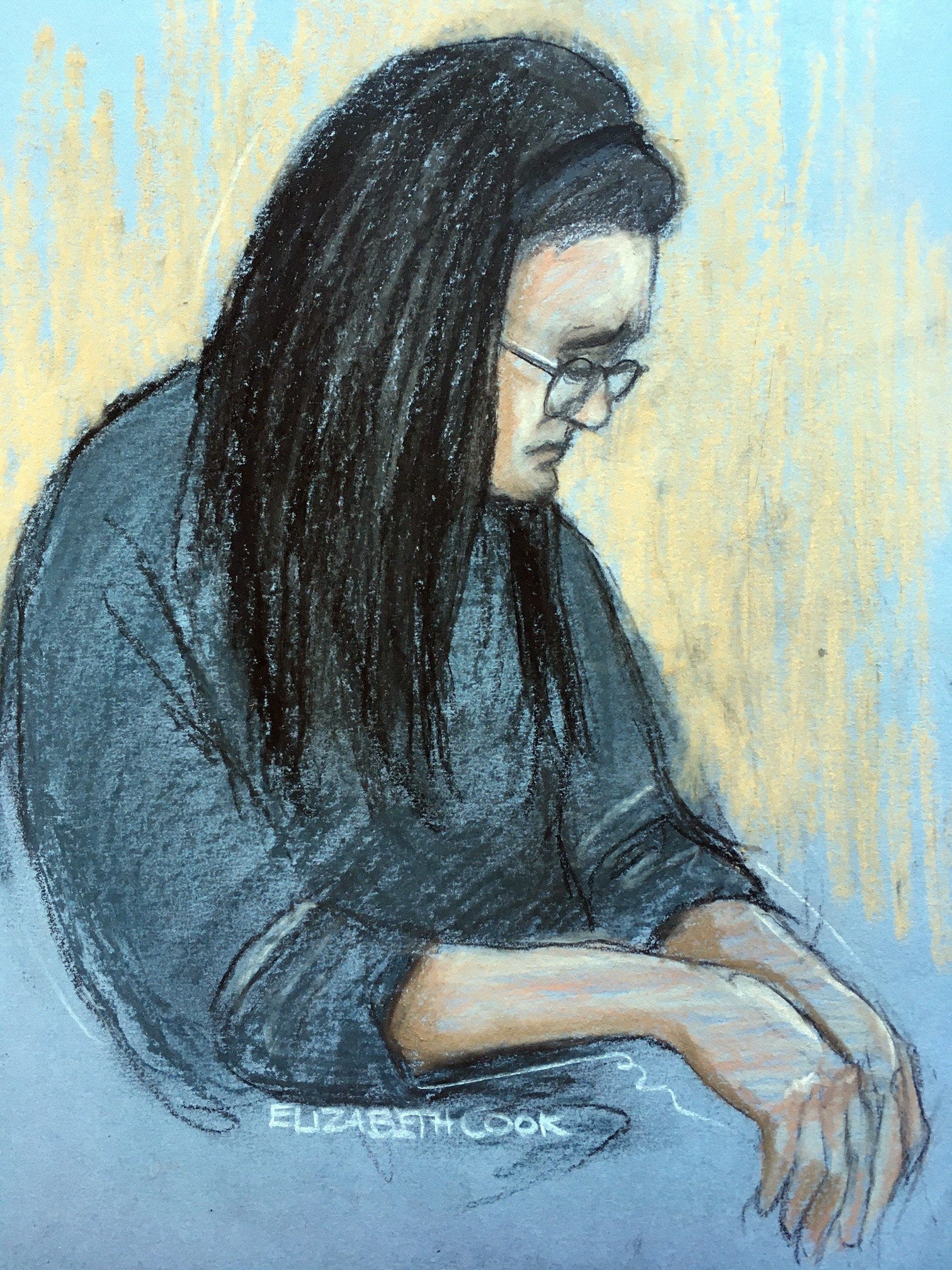 A sketch by Elizabeth Cook of Angharad Williamson, 30, crying in the dock (Elizabeth Cook/PA)