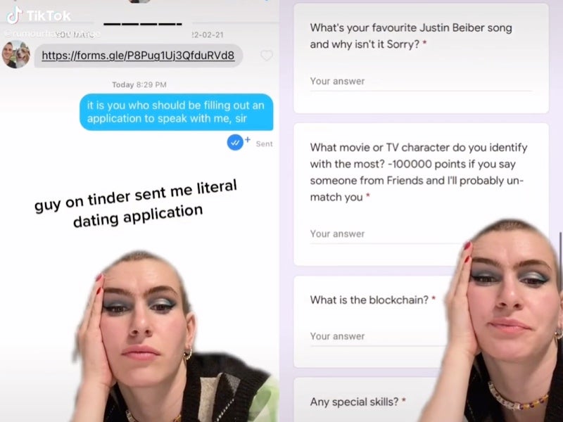 Woman shares dating application she received from Tinder match