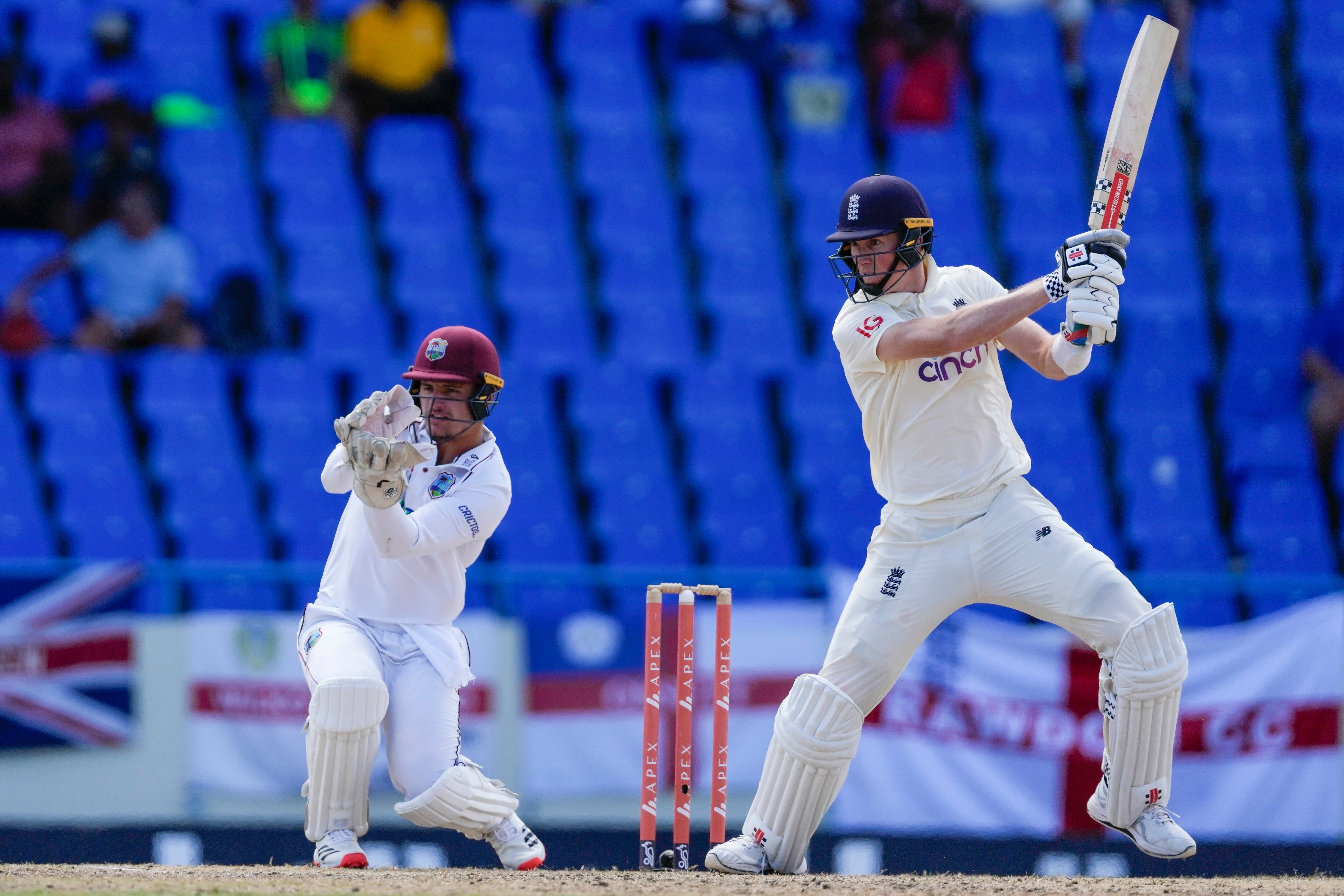 Zak Crawley (right) plays a shot against West Indies (Ricardo Mazalan/AP)