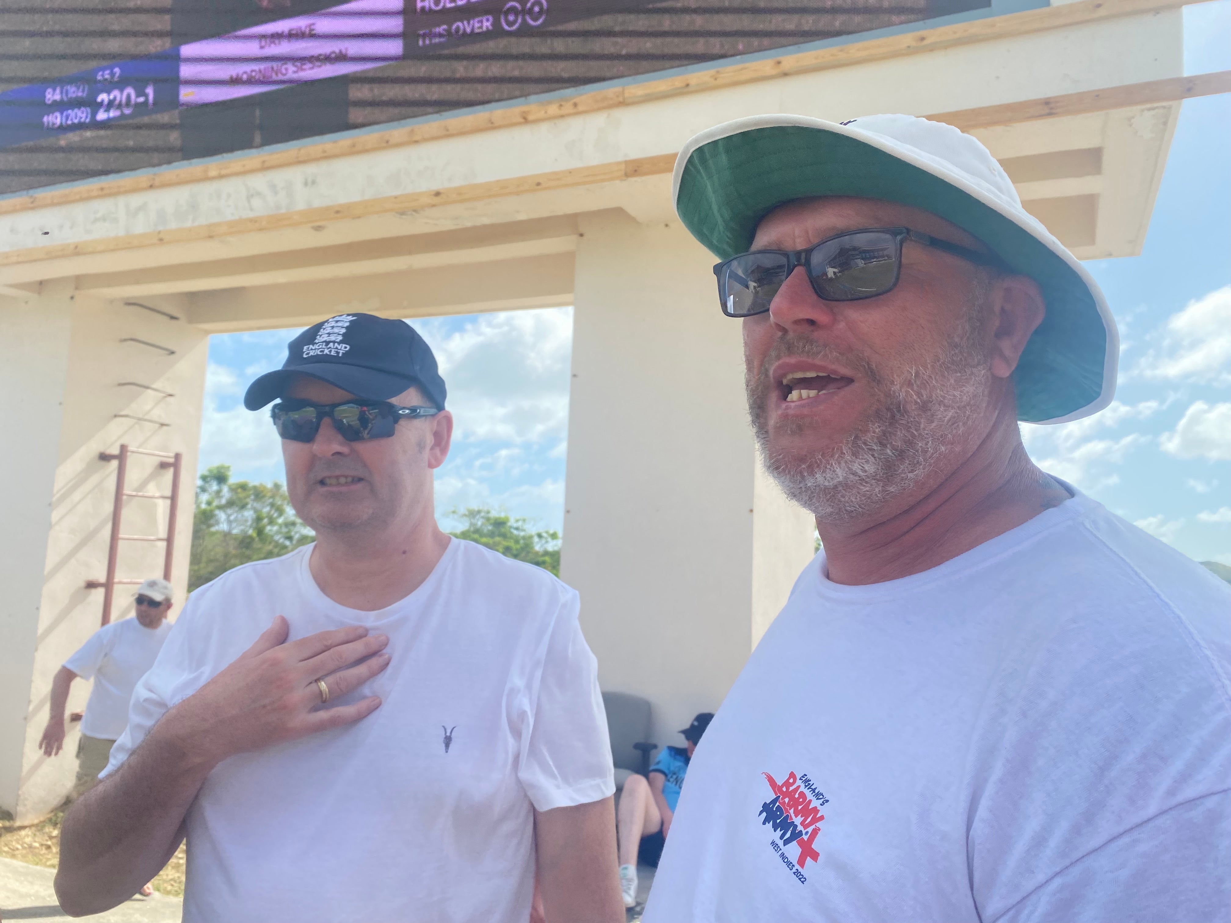 Blind fan Martin Lloyd, left, had his own personal commentator in the form of Barmy Army member Rich ‘Tiny’ Nicholls, right (Barmy Army/PA)