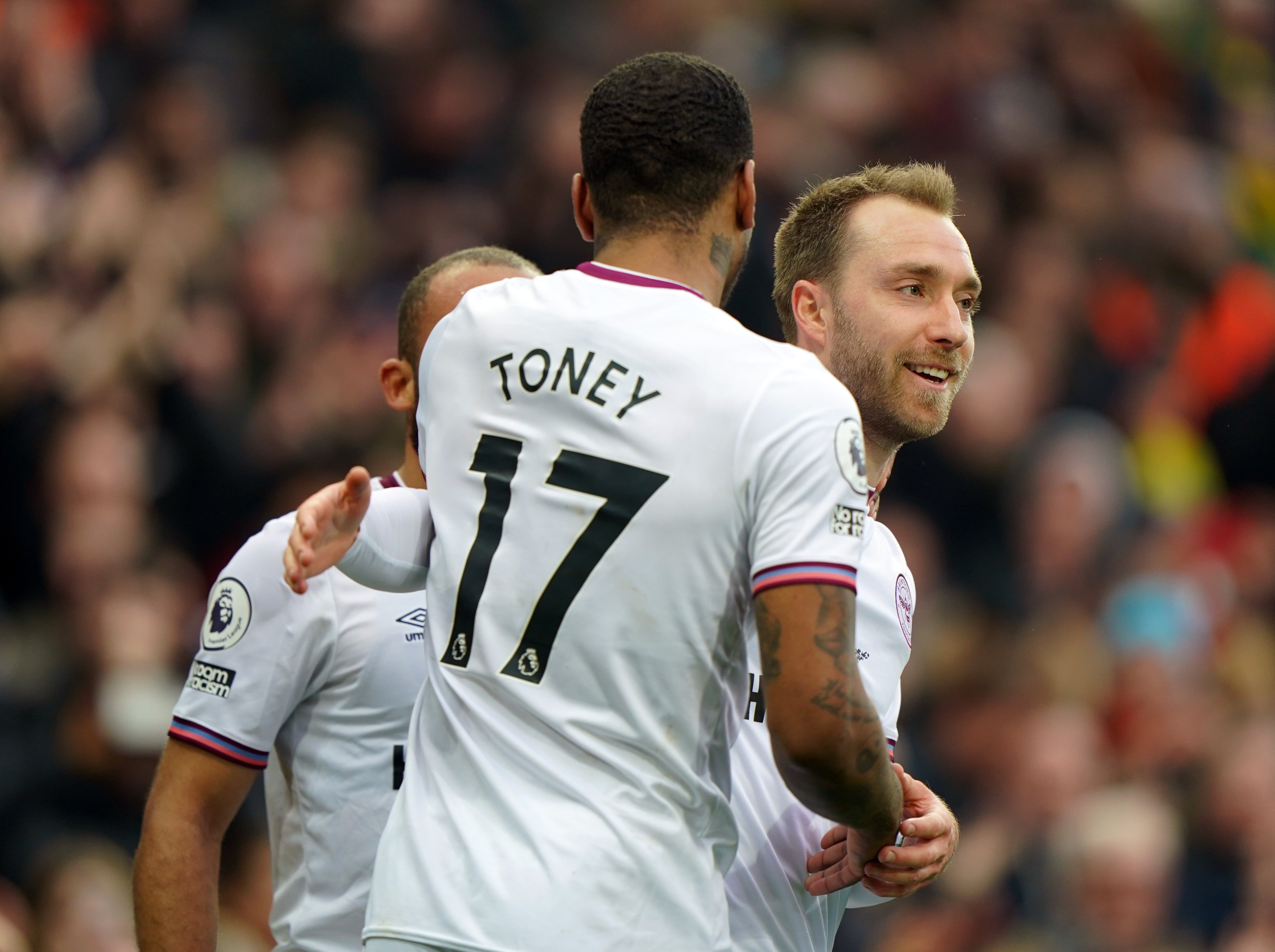 Ivan Toney and Christian Eriksen celebrate Brentford’s opener