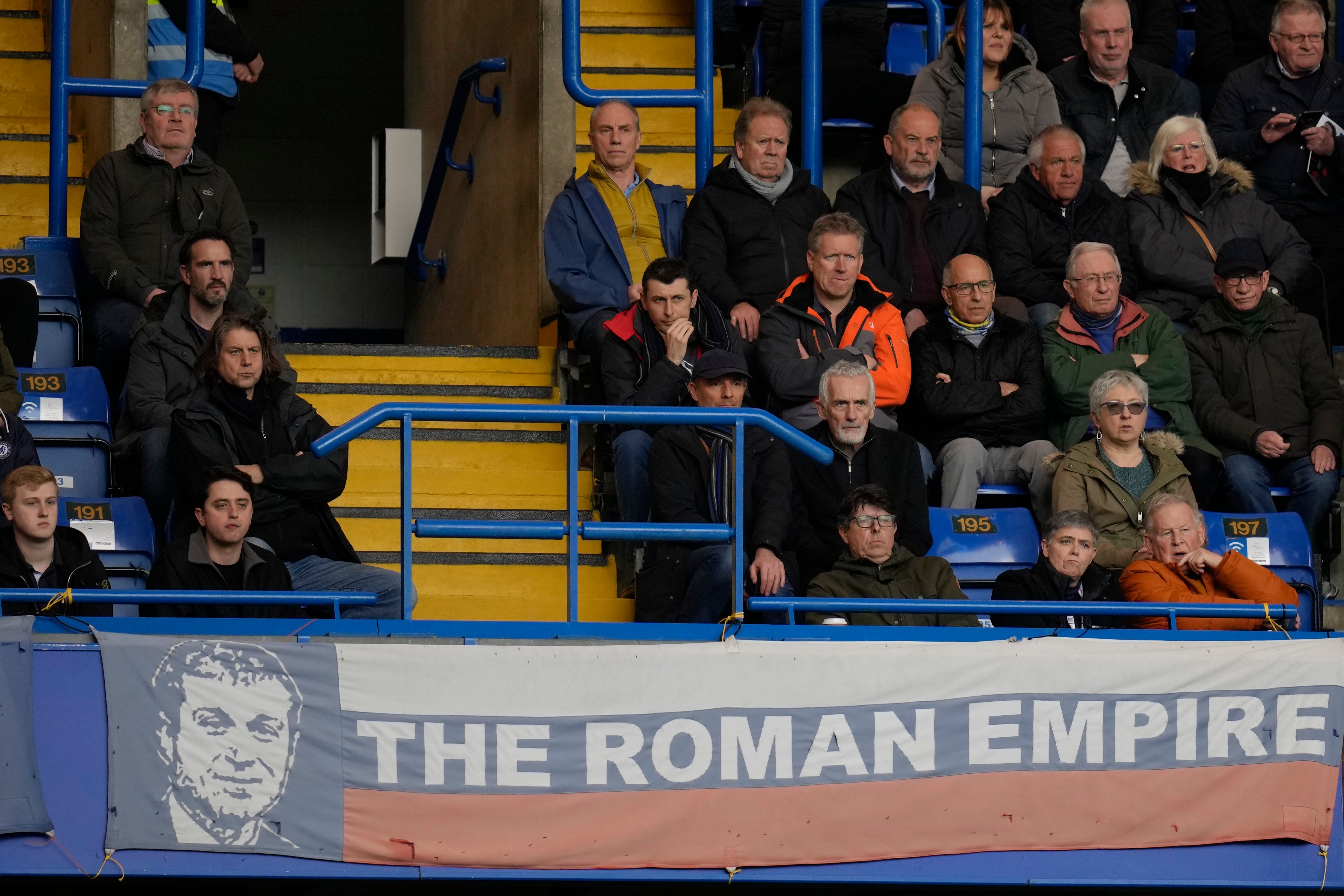 A banner in the colours of Russia’s national flag depicting Roman Abramovich remained in place at Stamford Bridge on Sunday