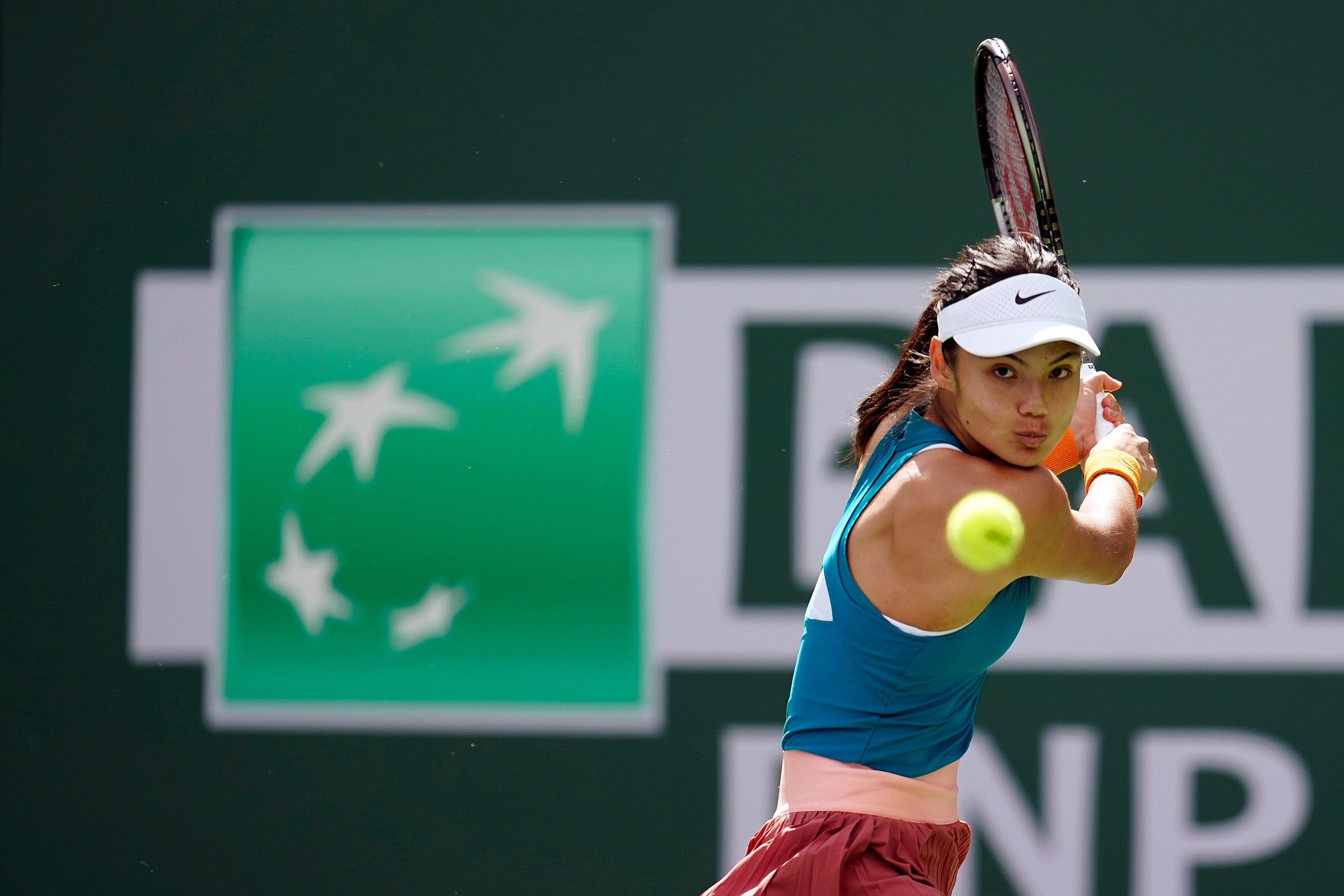 Emma Raducanu was edged out by Petra Martic at the BNP Paribas Open (Marcio Jose Sanchez/AP)