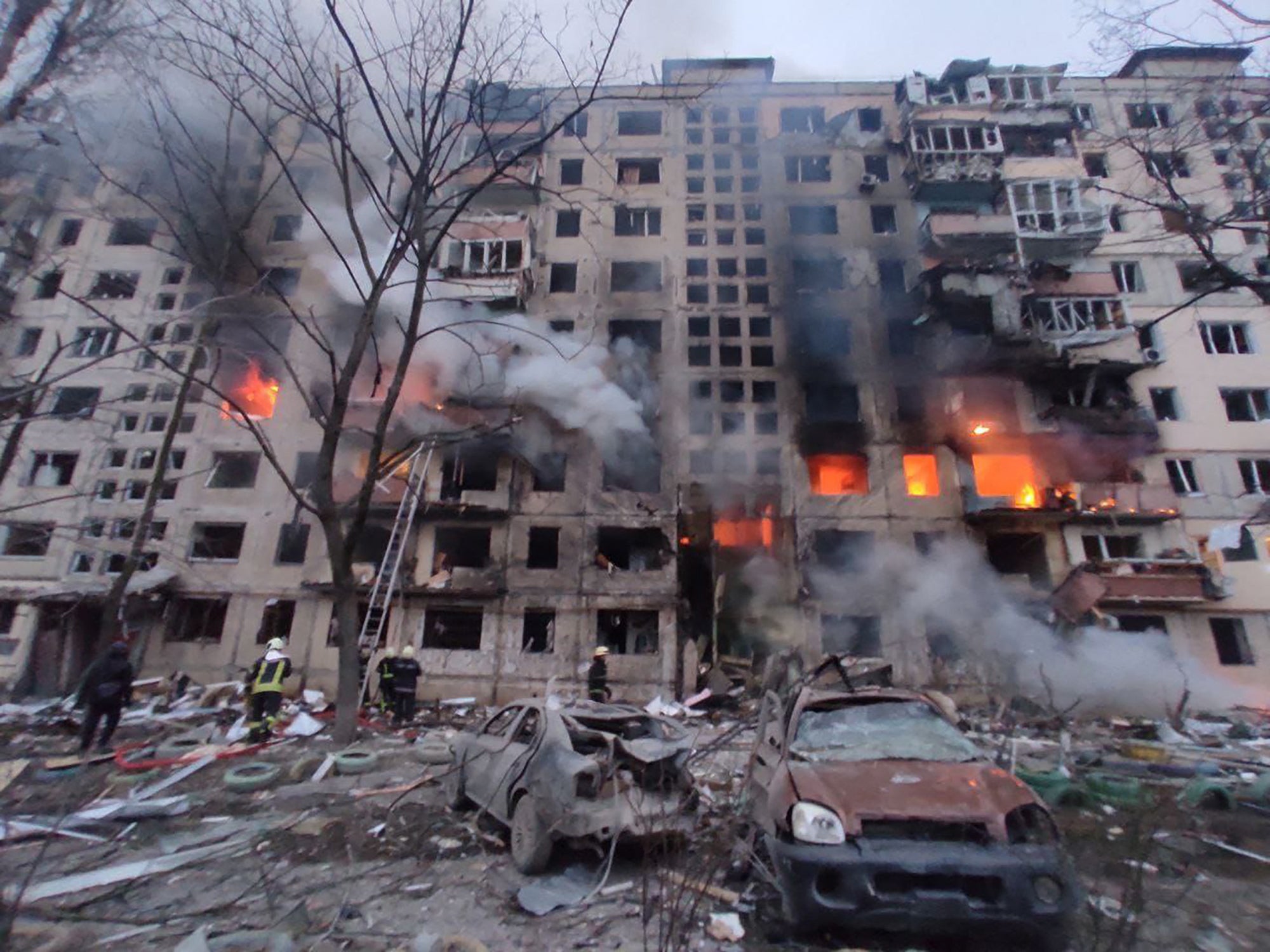 File photo: A building on fire after bomb attack in Ukraine