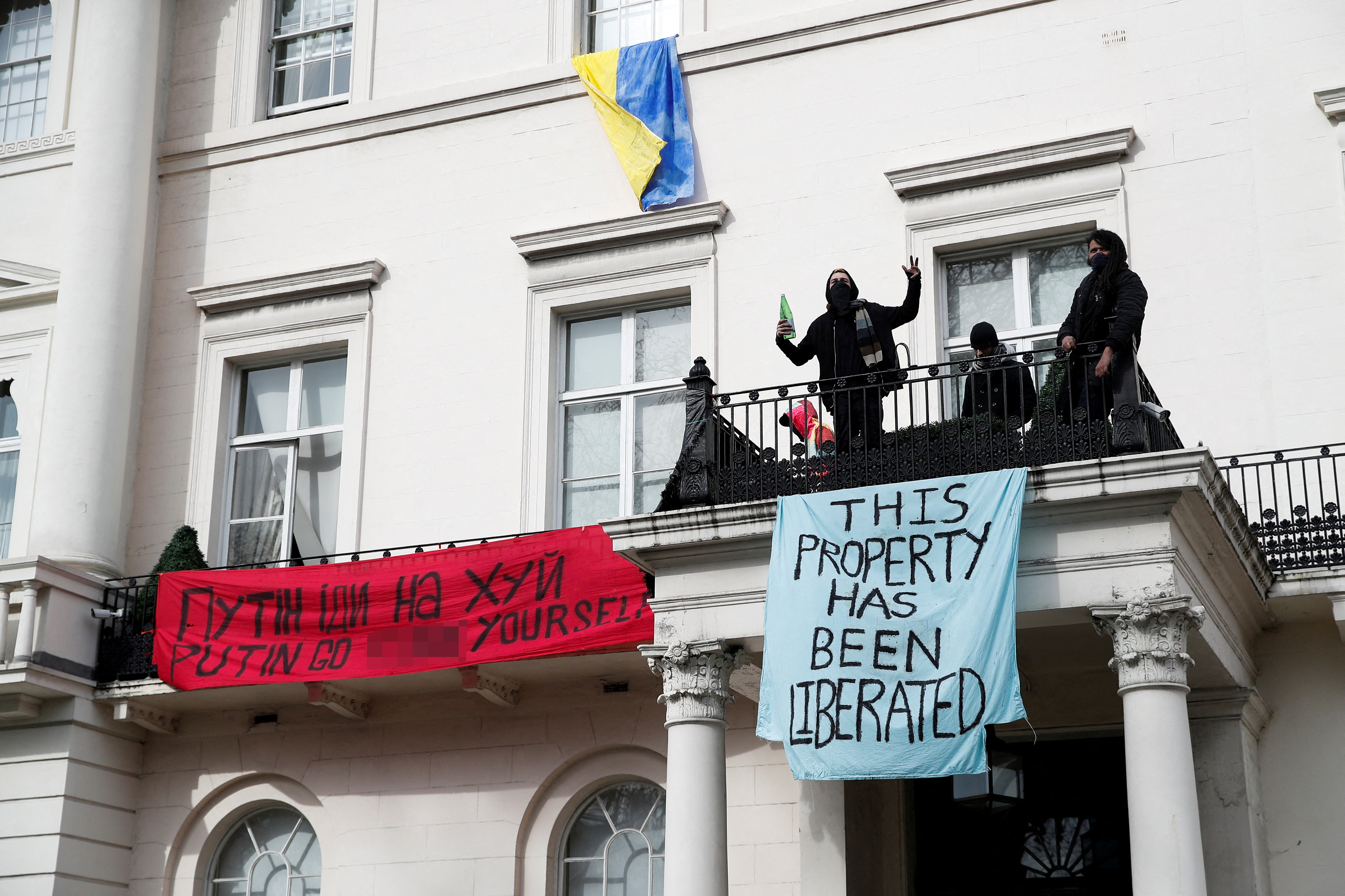 Squatters occupy a mansion, reportedly belonging to Russian billionaire Oleg Deripaska, who was placed on Britain's sanctions list last week