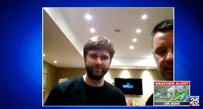 Kris van Huystee (left) and Andrew Smeaton (right) in Poland after they made it back across the border