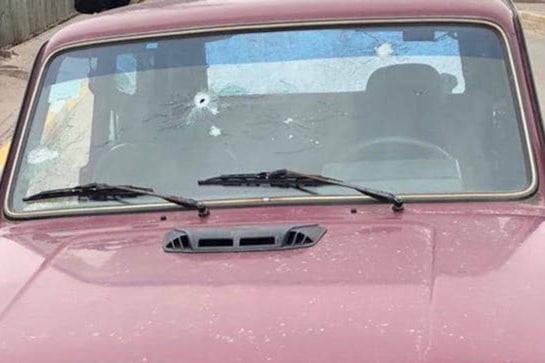 The bullet-ridden car from the aftermath of the ambush of foreign journalists in Ukraine