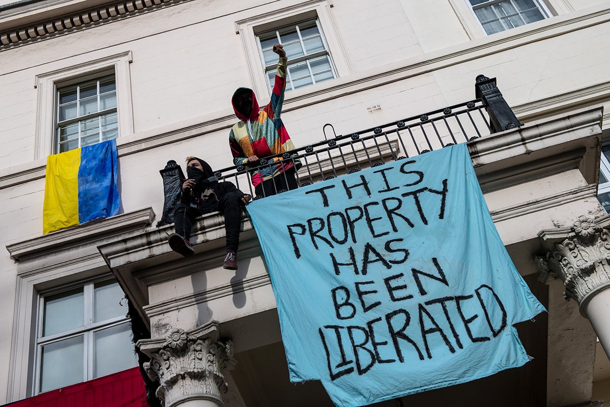 Protesters occupy a building reported to belong to Russian oligarch Oleg Deripsaka