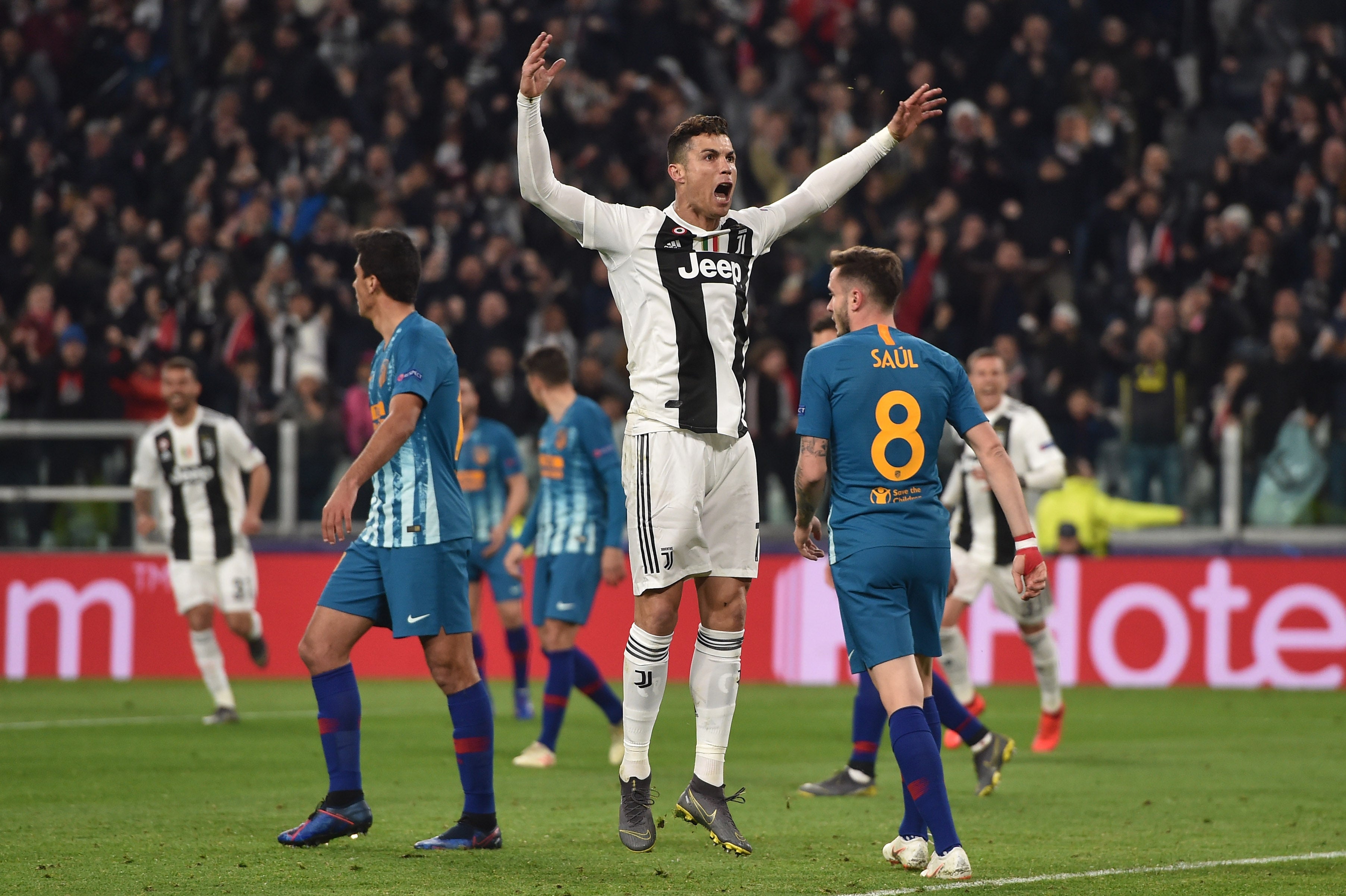 Cristiano Ronaldo celebrates during his iconic comeback win with Juventus over Atletico Madrid